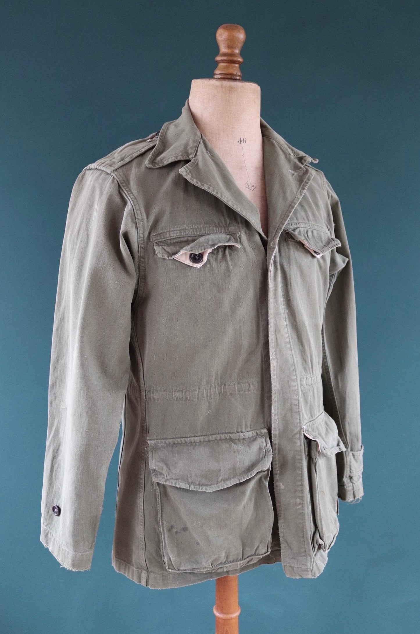 Vintage French army jacket 1950s M47 M 47 field utility military 41” chest khaki green HBT herringbone twill