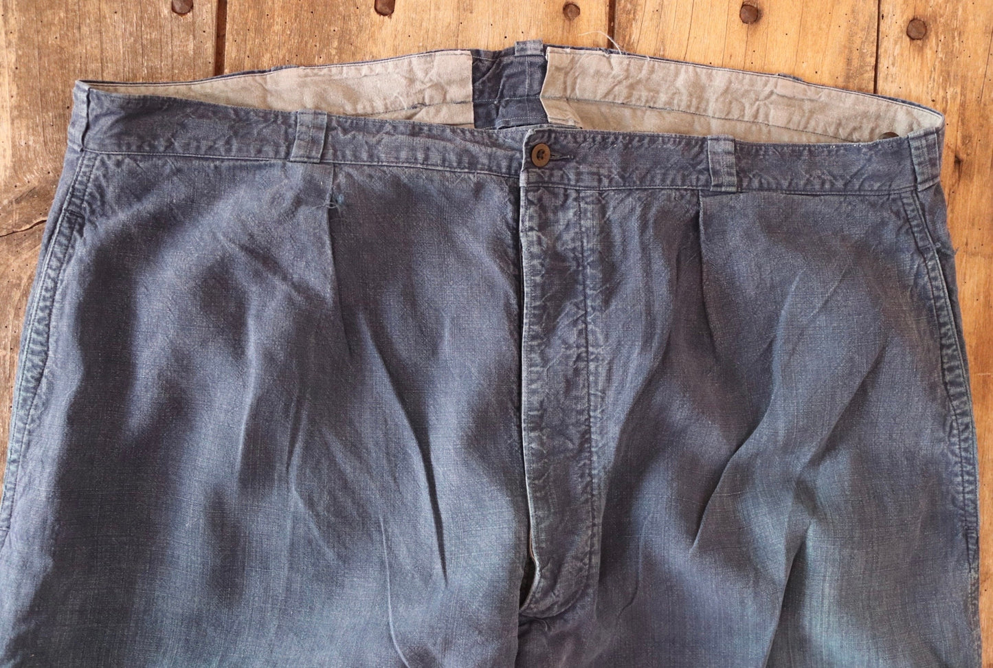 Vintage French workwear trousers pants indigo linen maquignon 1930s 1940s work chore 44” x 32”