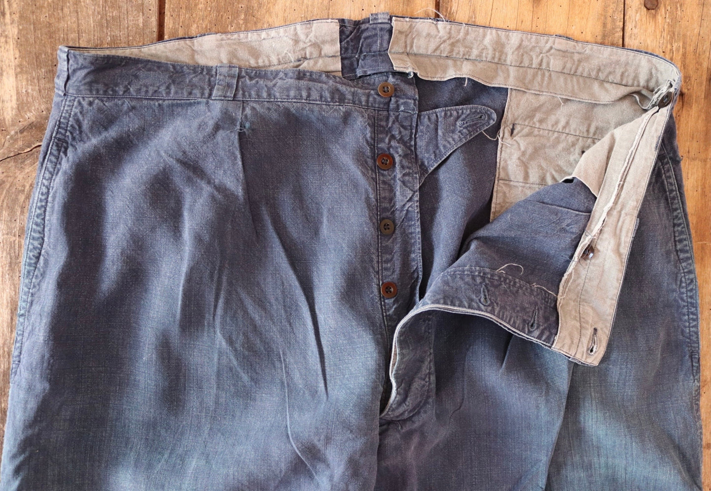 Vintage French workwear trousers pants indigo linen maquignon 1930s 1940s work chore 44” x 32”