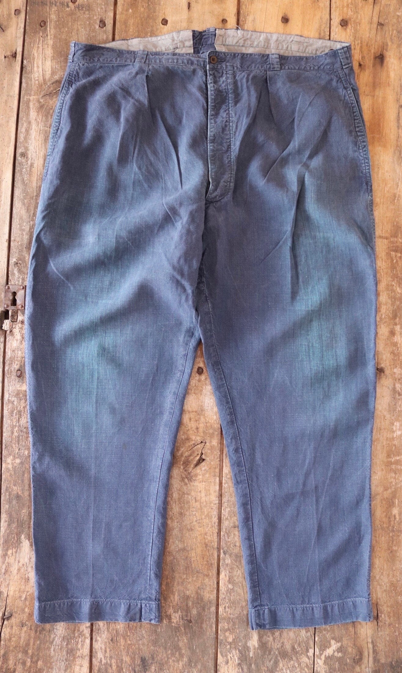 Vintage French workwear trousers pants indigo linen maquignon 1930s 1940s work chore 44” x 32”