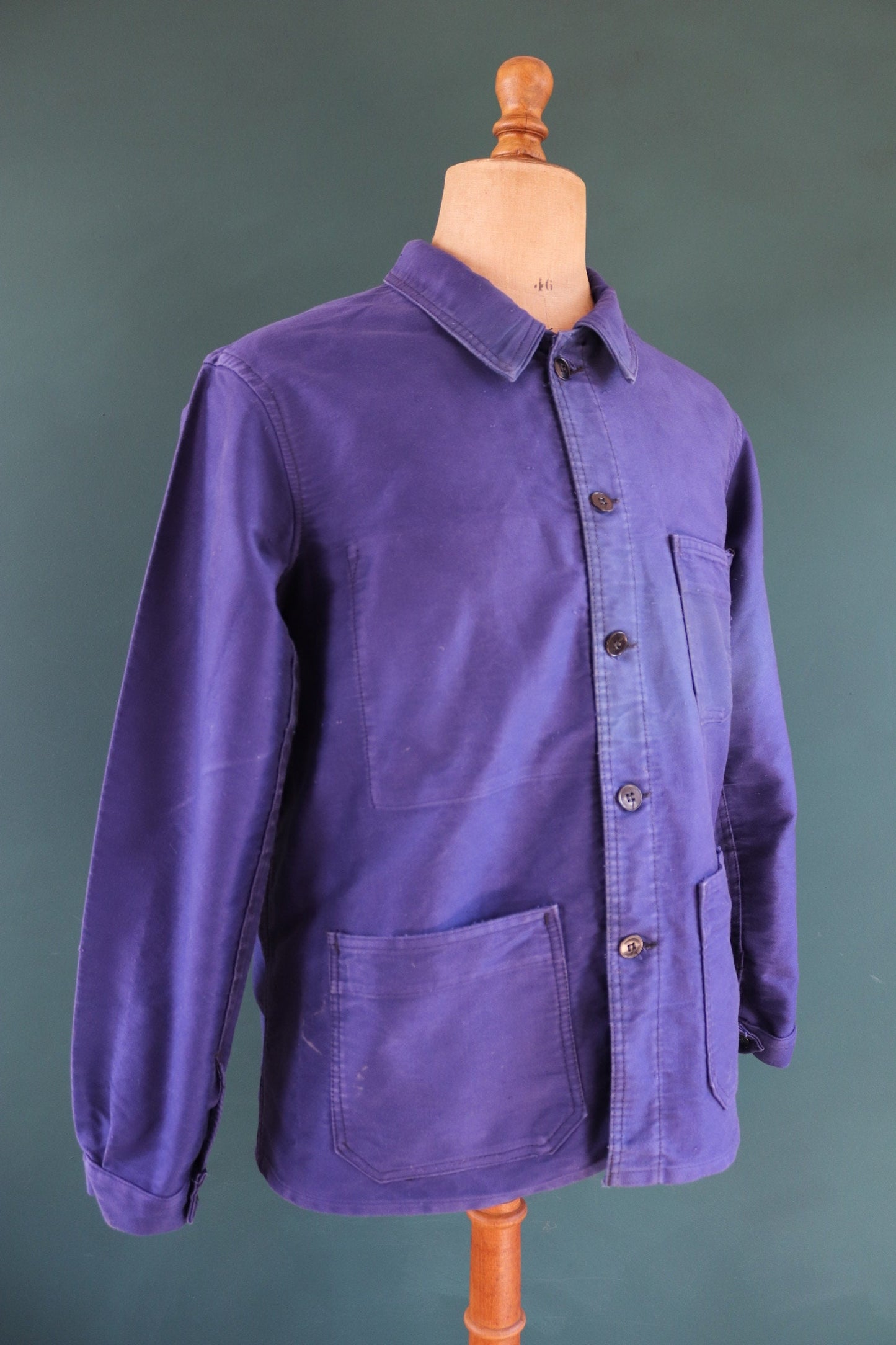 Vintage French blue chore jacket 1950s workwear Le Diable Rouge moleskin work faded 44” chest bleu de travail