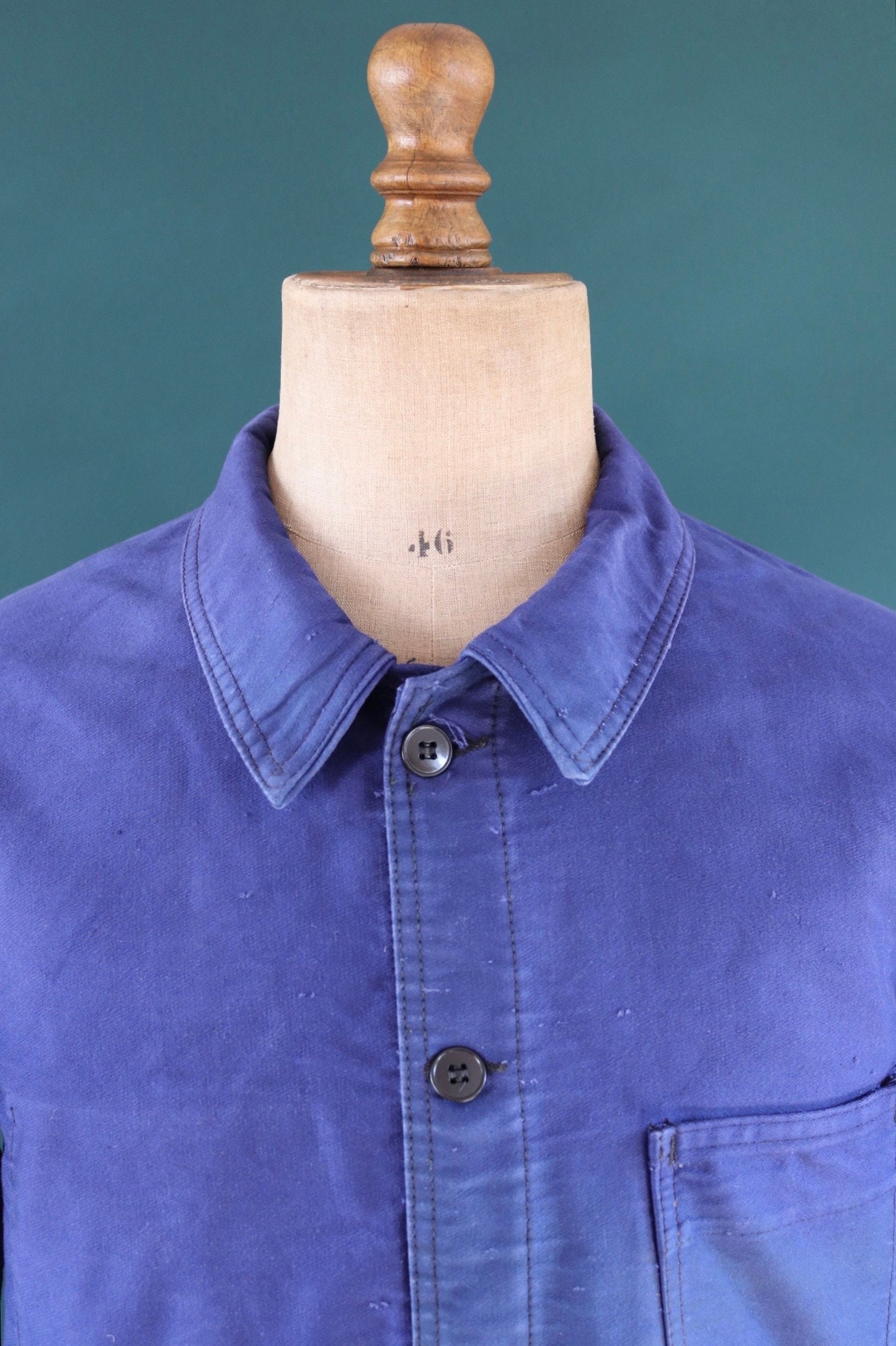 Vintage French blue chore jacket 1950s workwear Le Diable Rouge moleskin work faded 44” chest bleu de travail