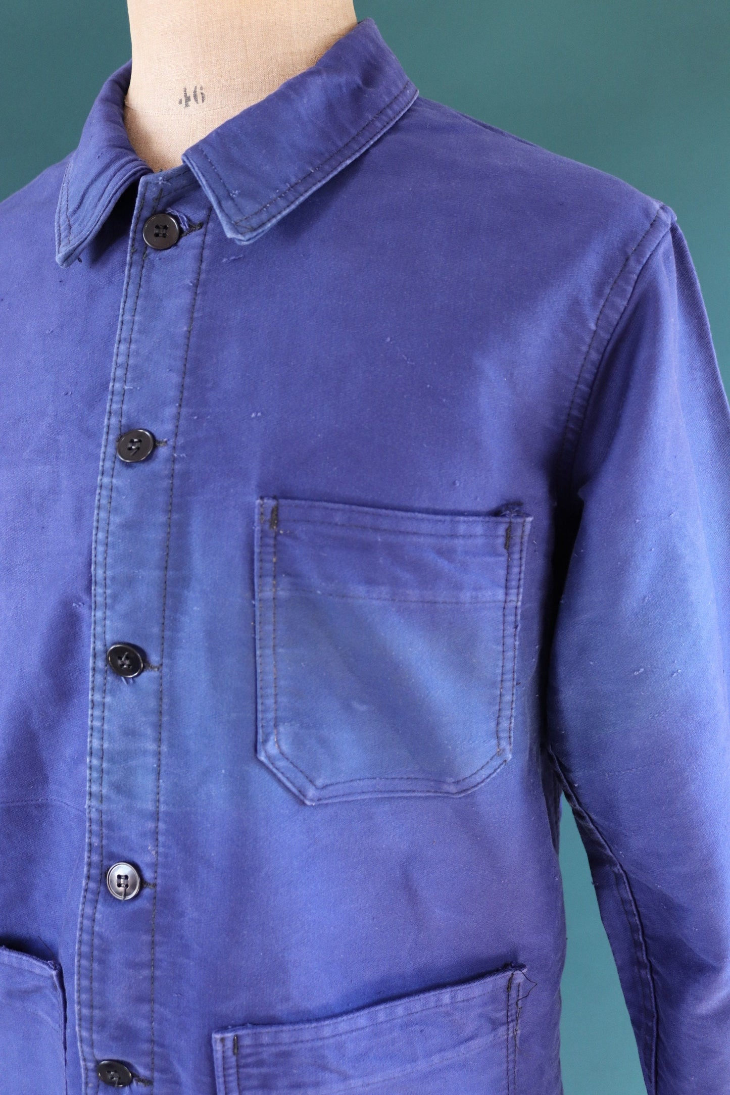 Vintage French blue chore jacket 1950s workwear Le Diable Rouge moleskin work faded 44” chest bleu de travail