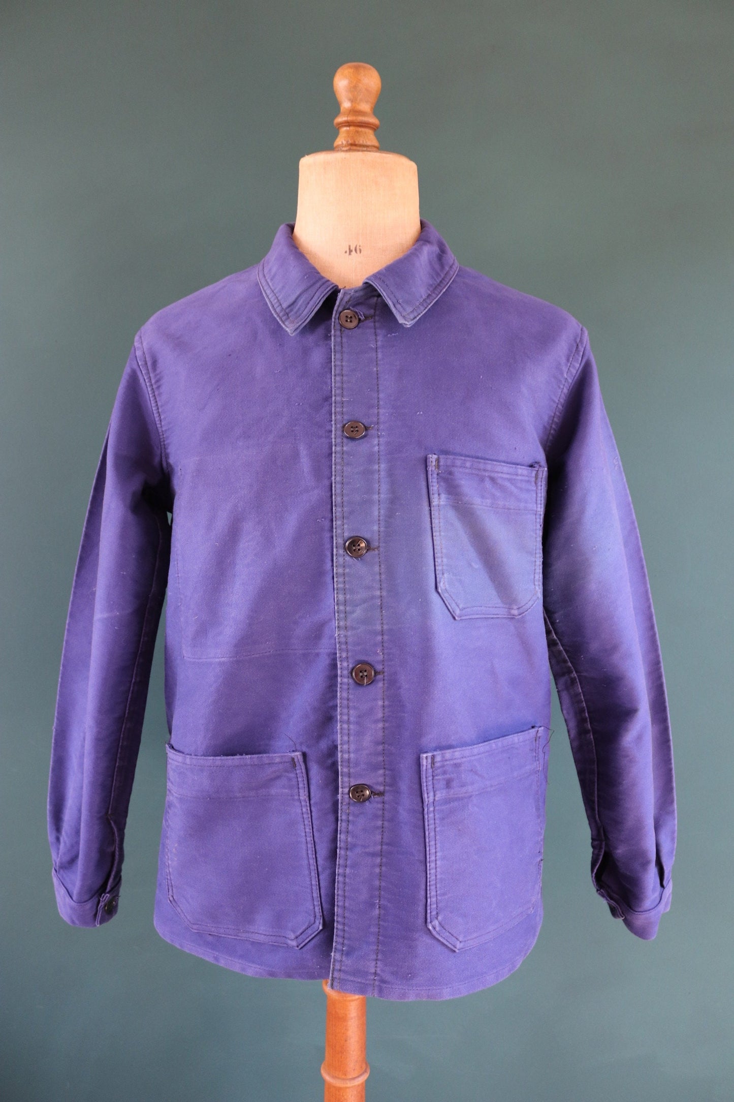 Vintage French blue chore jacket 1950s workwear Le Diable Rouge moleskin work faded 44” chest bleu de travail