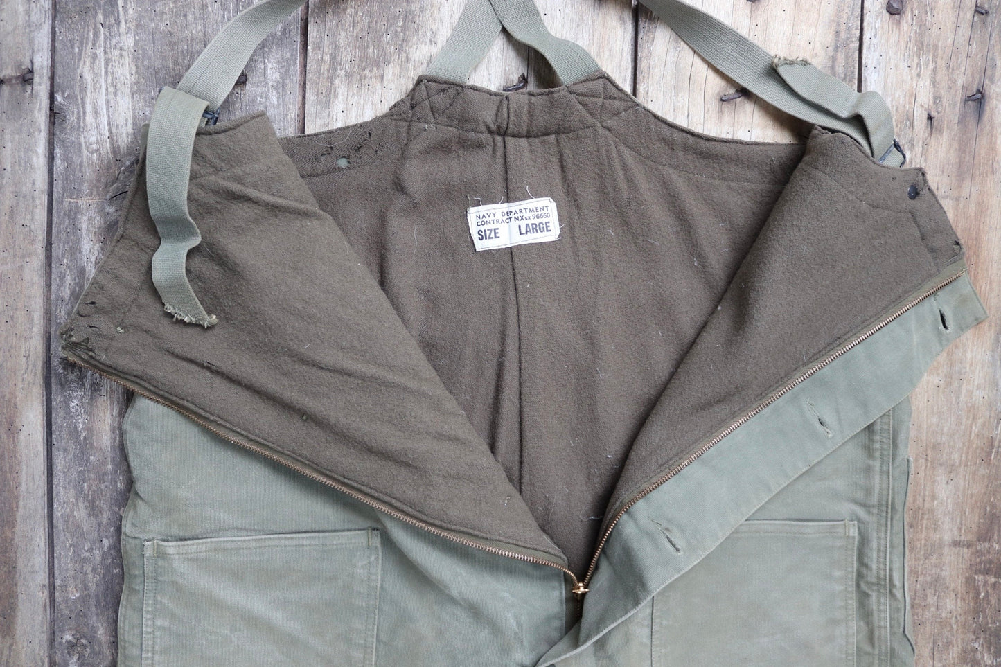 Vintage 1940s 40s WW2 era us navy USN NXSX khaki green insulated deck overalls dungarees bib brace 48” x 28” Talon zipper