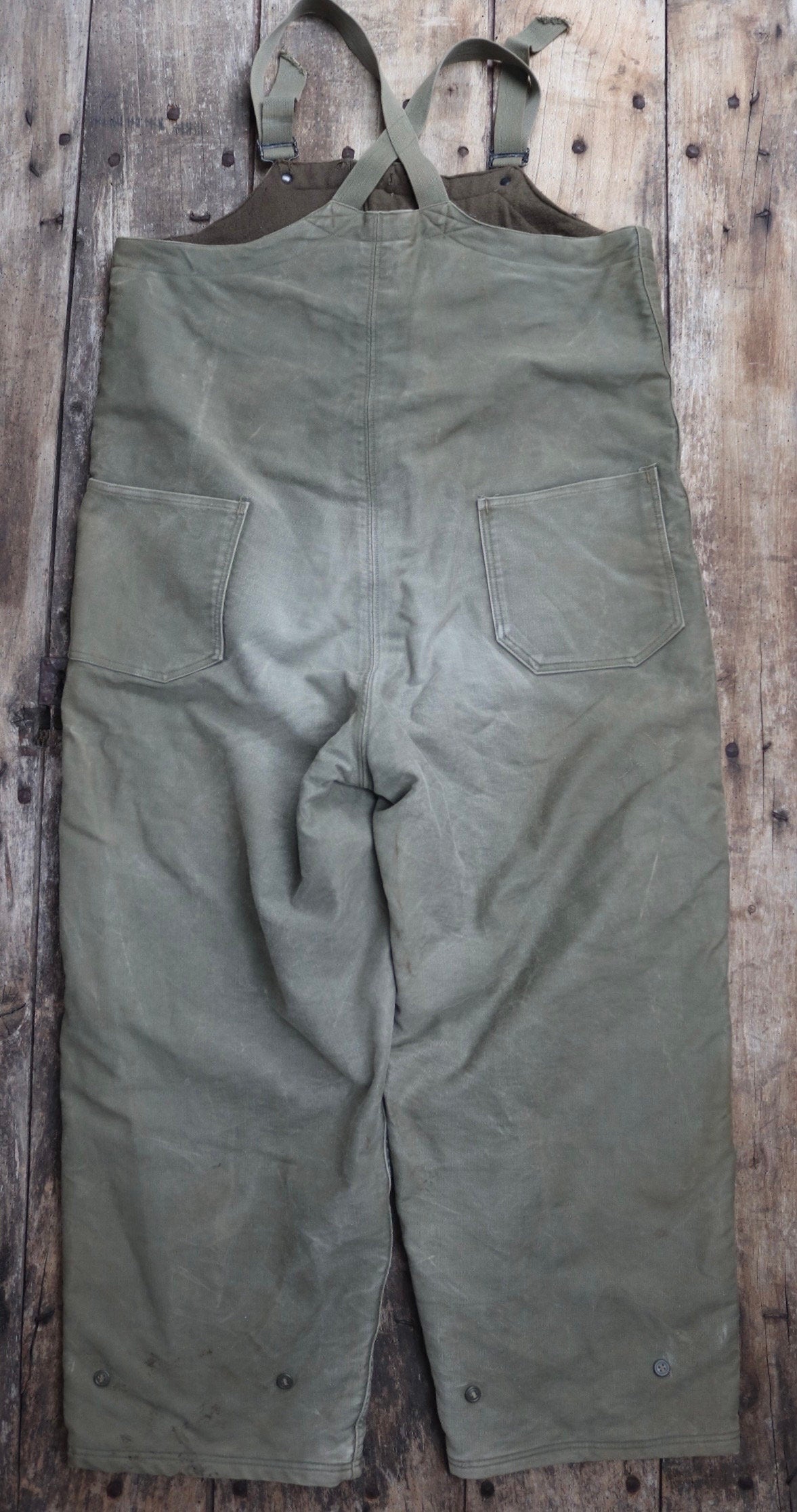 Vintage 1940s 40s WW2 era us navy USN NXSX khaki green insulated deck overalls dungarees bib brace 48” x 28” Talon zipper