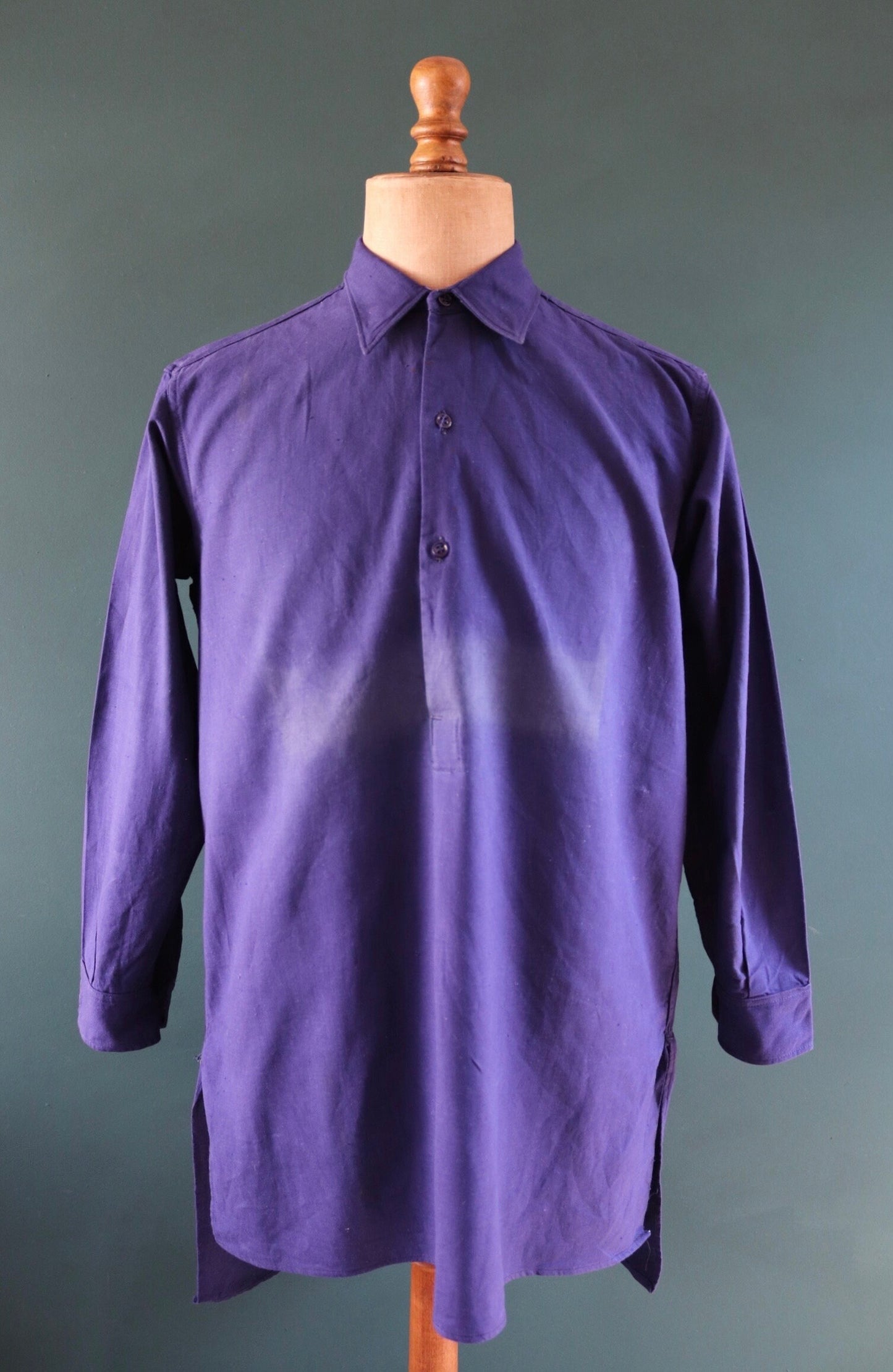 Vintage French workwear shirt 1940s 1950s indigo blue cotton work smock pop over 47” chest faded