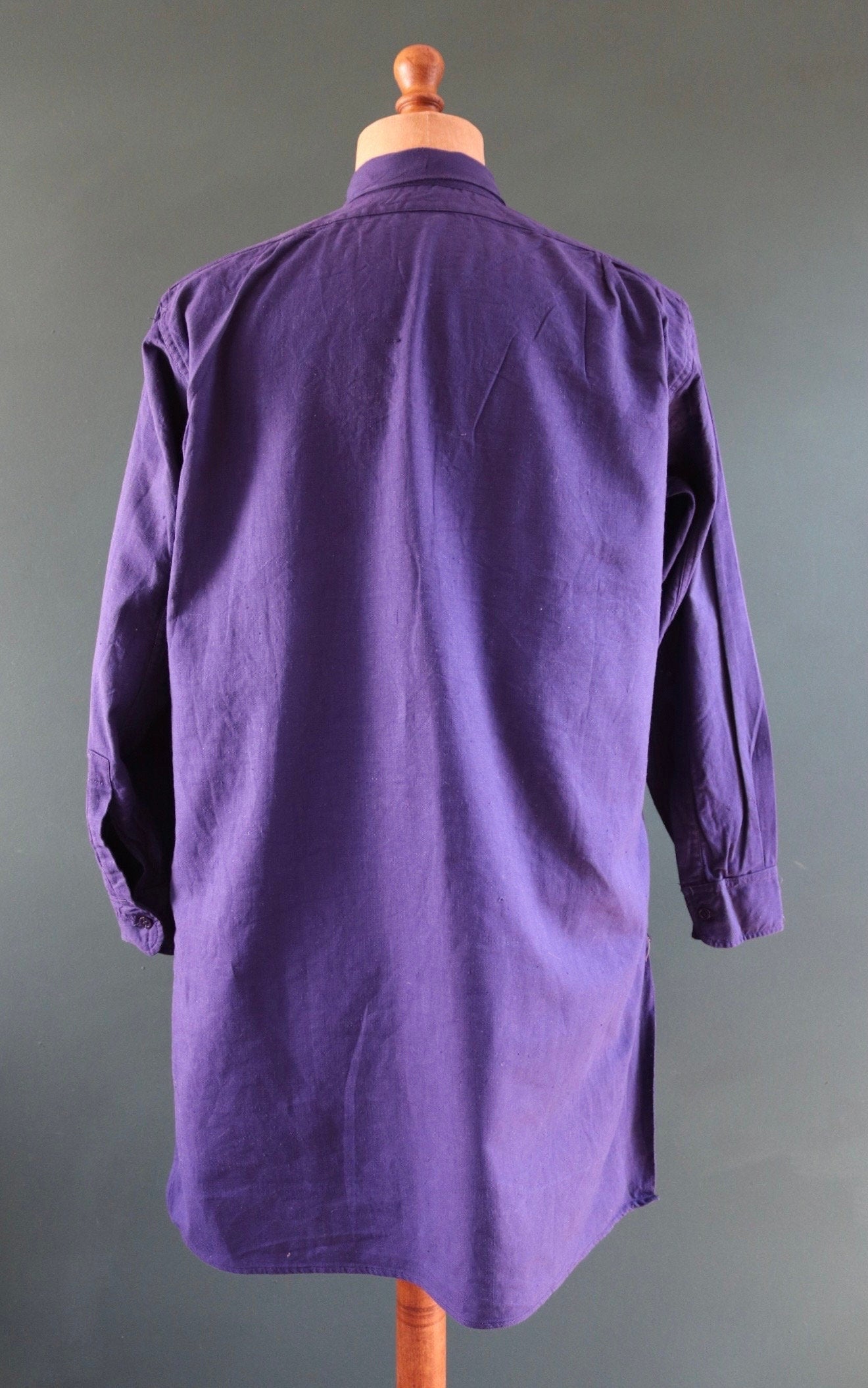 Vintage French workwear shirt 1940s 1950s indigo blue cotton work smock pop over 47” chest faded