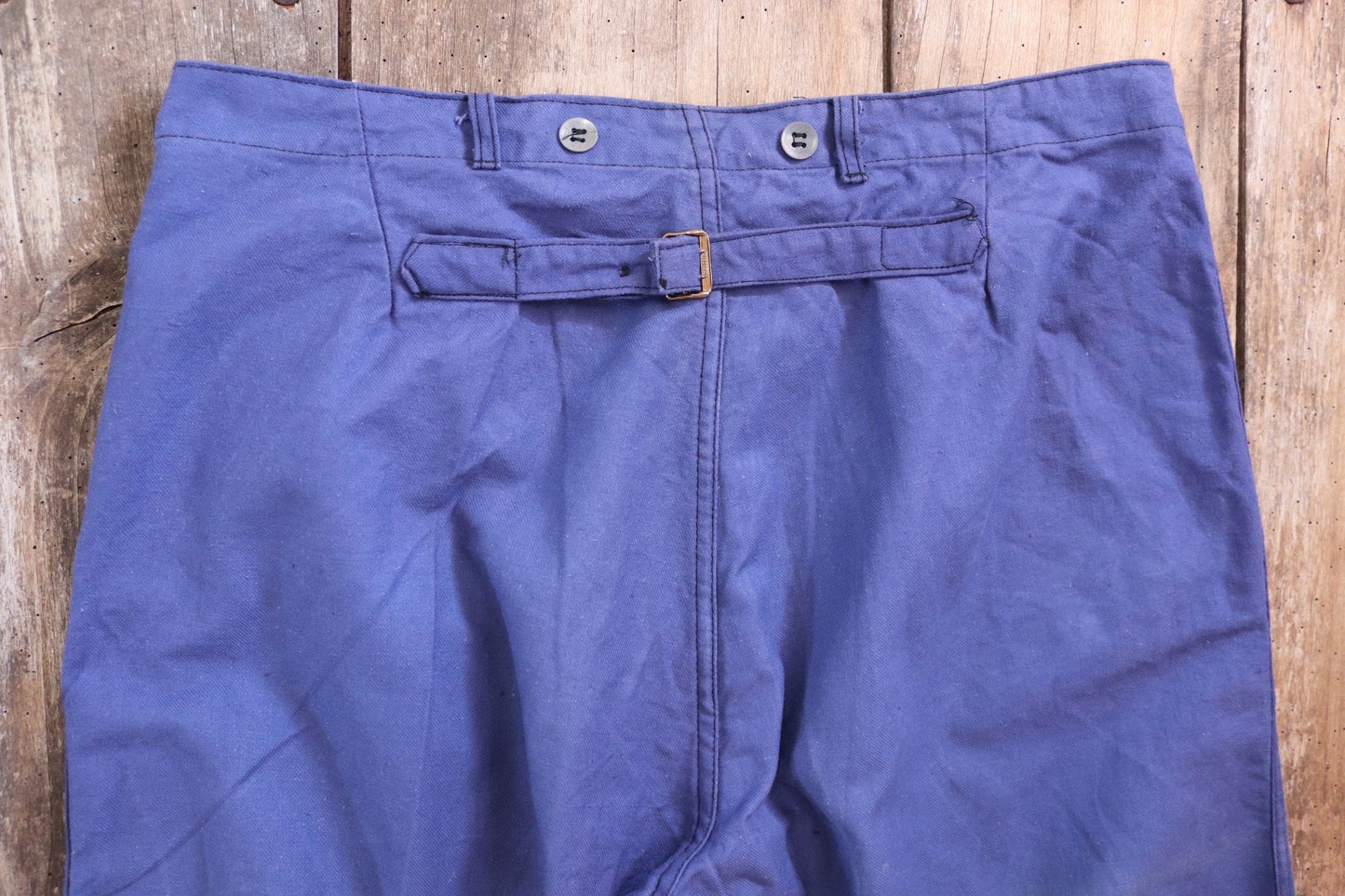 Vintage WW2 workwear trousers pants 1940s Swedish military hospital indigo blue cotton twill work chore 36” x 31” buckle cinch back