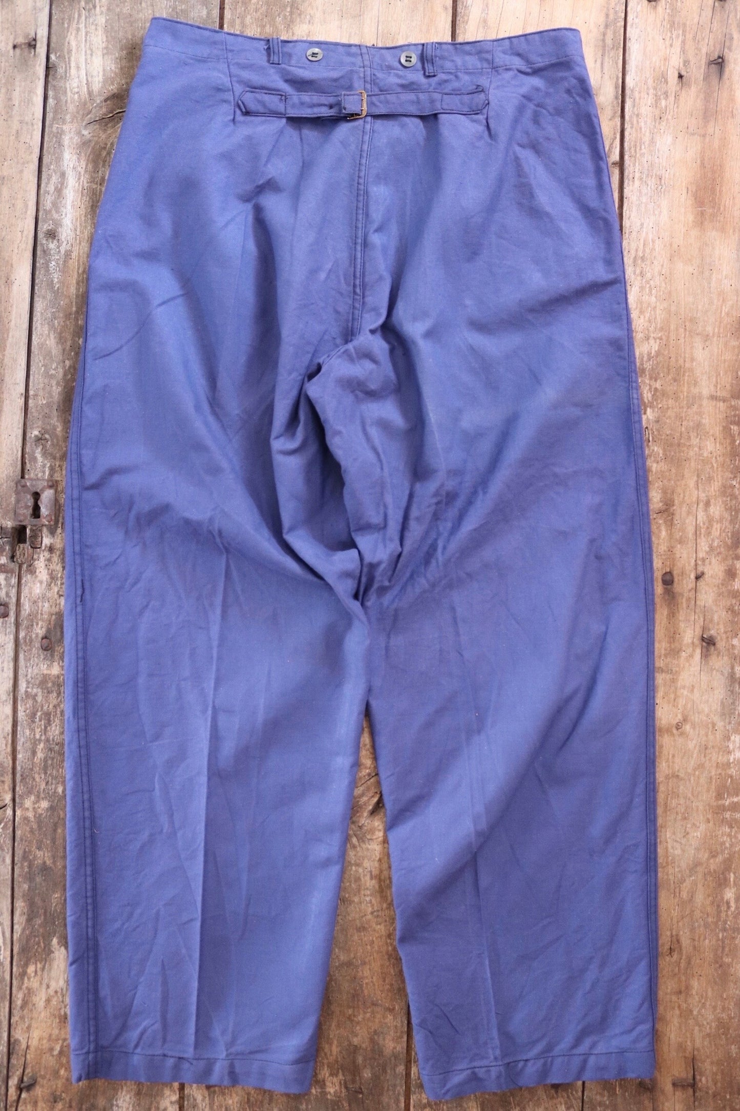 Vintage WW2 workwear trousers pants 1940s Swedish military hospital indigo blue cotton twill work chore 36” x 31” buckle cinch back