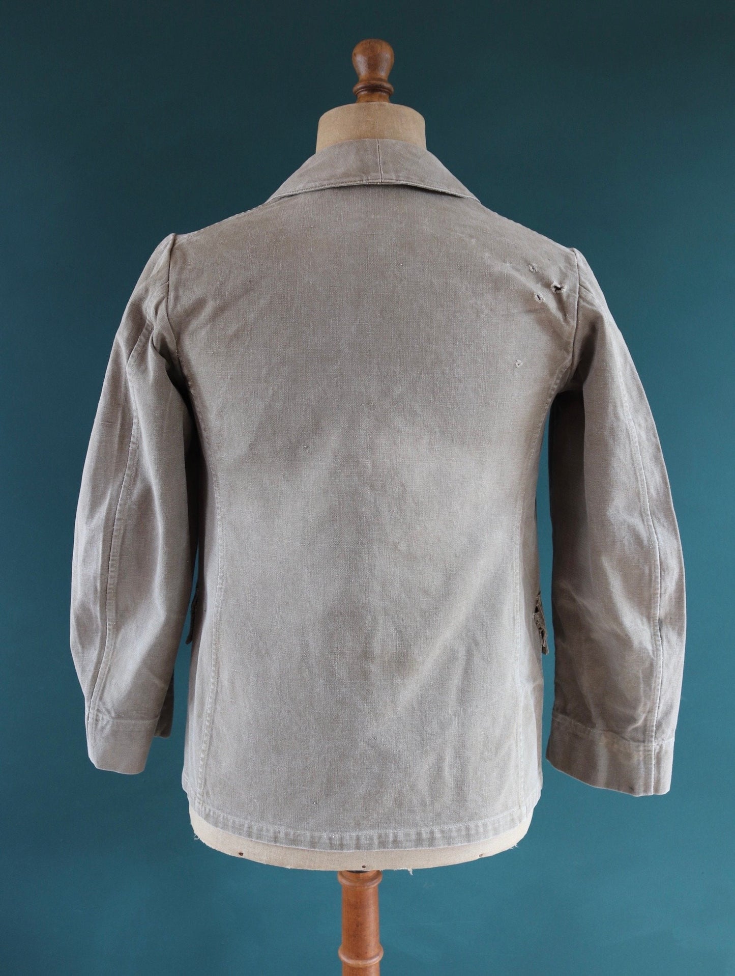 Vintage French workwear jacket 1940s brown thick cotton canvas work chore 38” chest walrus collar