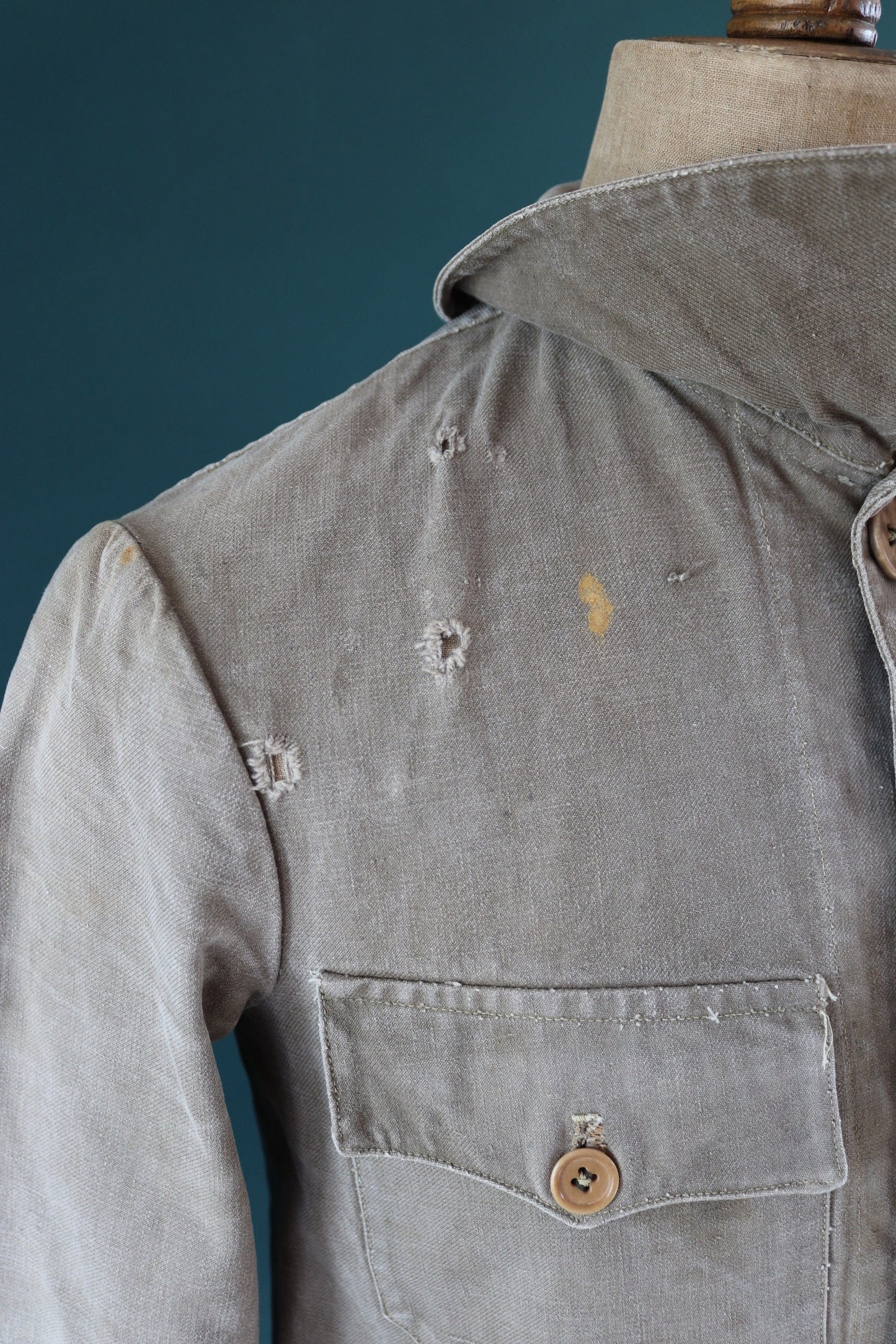Vintage French workwear jacket 1940s brown thick cotton canvas work chore 38” chest walrus collar