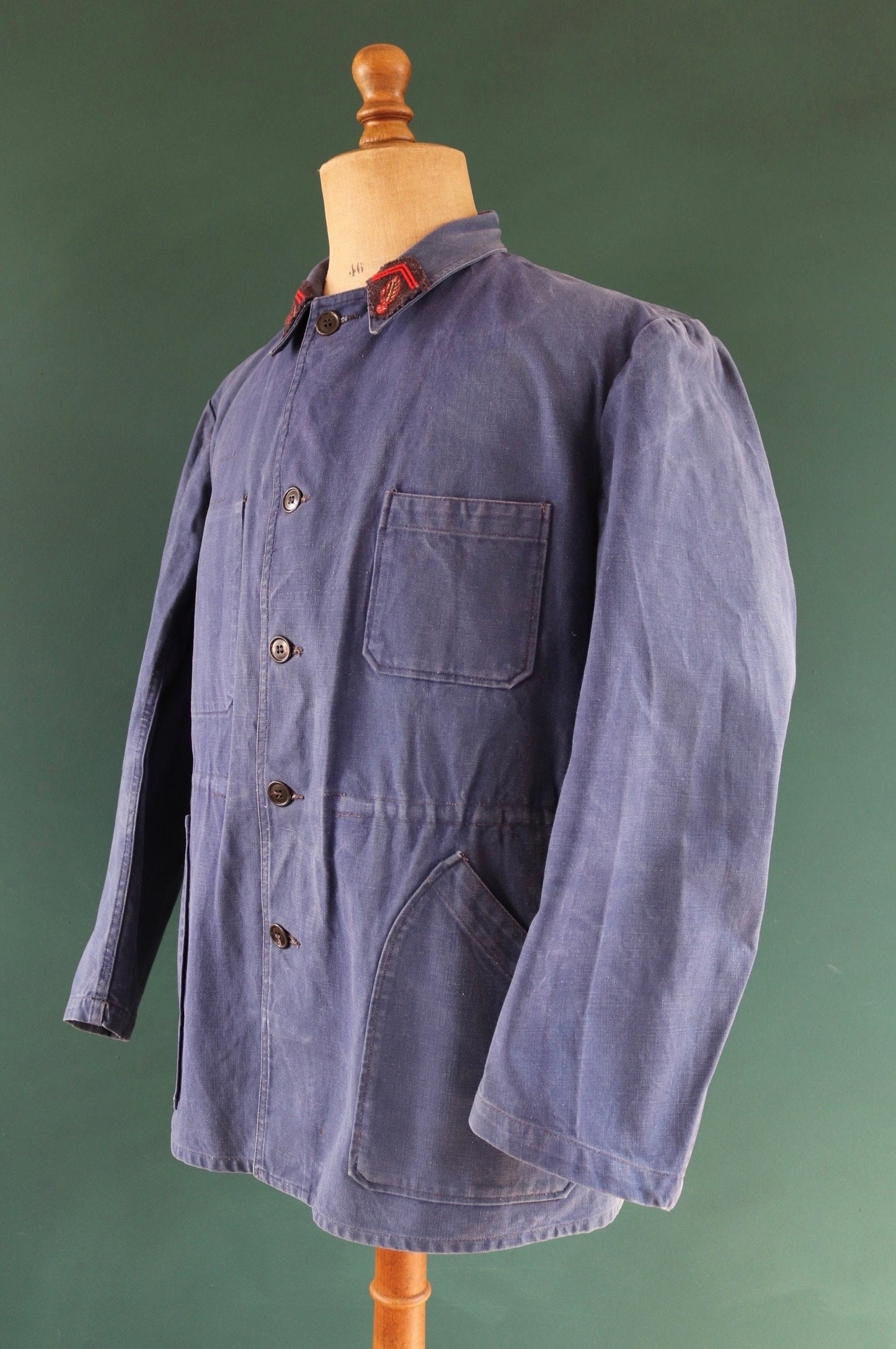 Vintage French blue workwear jacket 1960s pompier fireman cotton twill work chore faded 46” chest bleu de travail