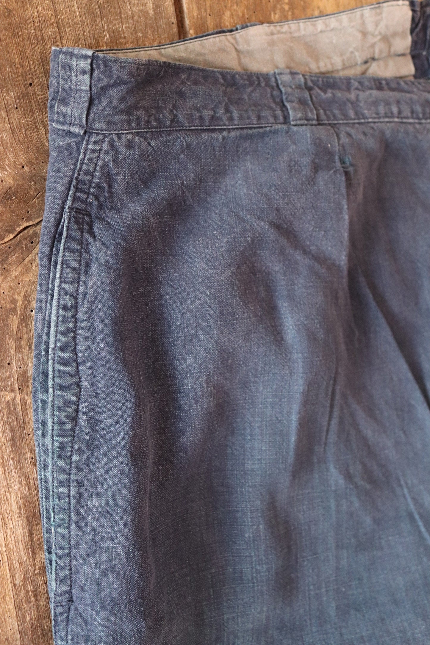 Vintage French workwear trousers pants indigo linen maquignon 1930s 1940s work chore 44” x 32”