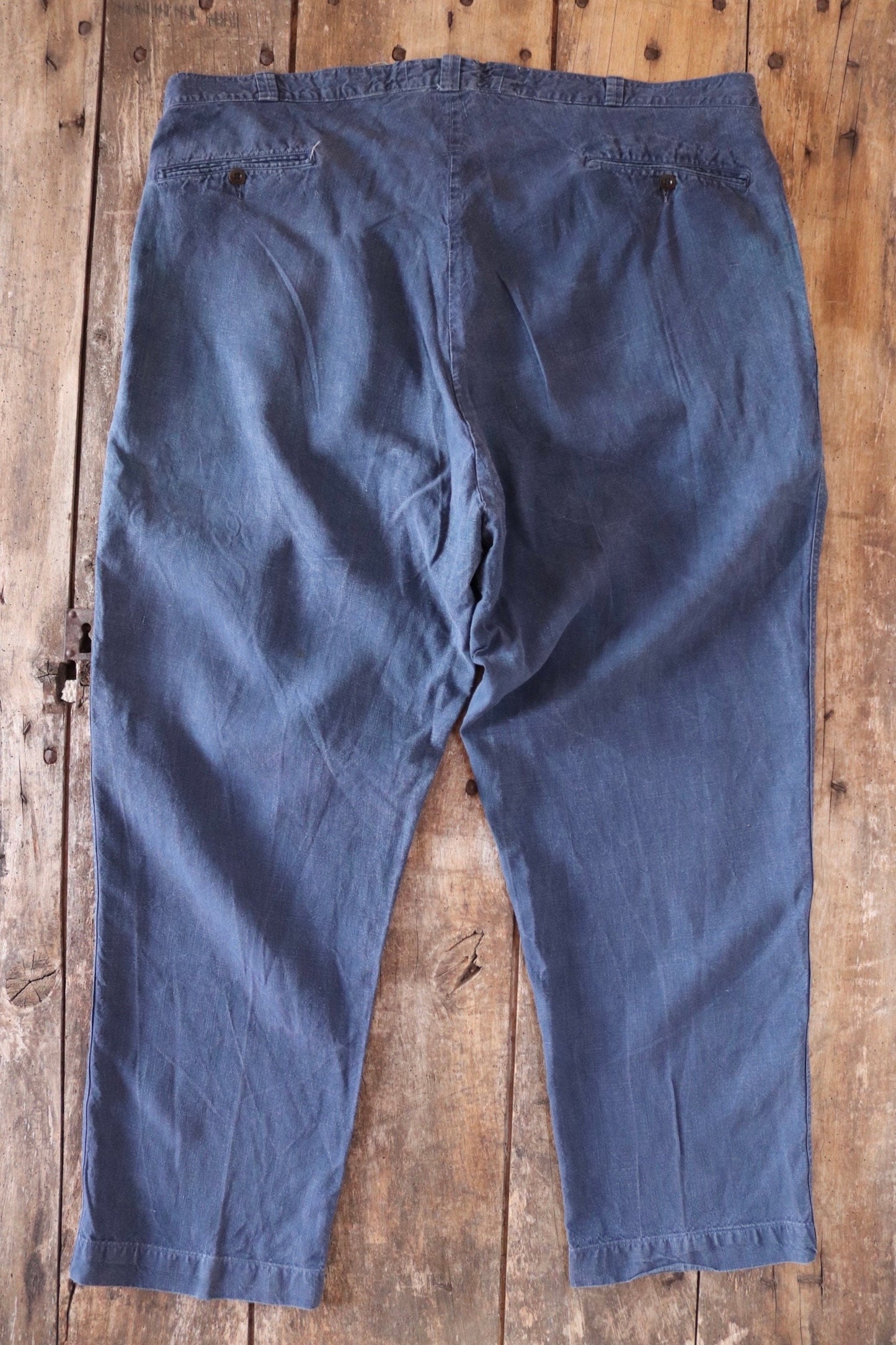 Vintage French workwear trousers pants indigo linen maquignon 1930s 1940s work chore 44” x 32”