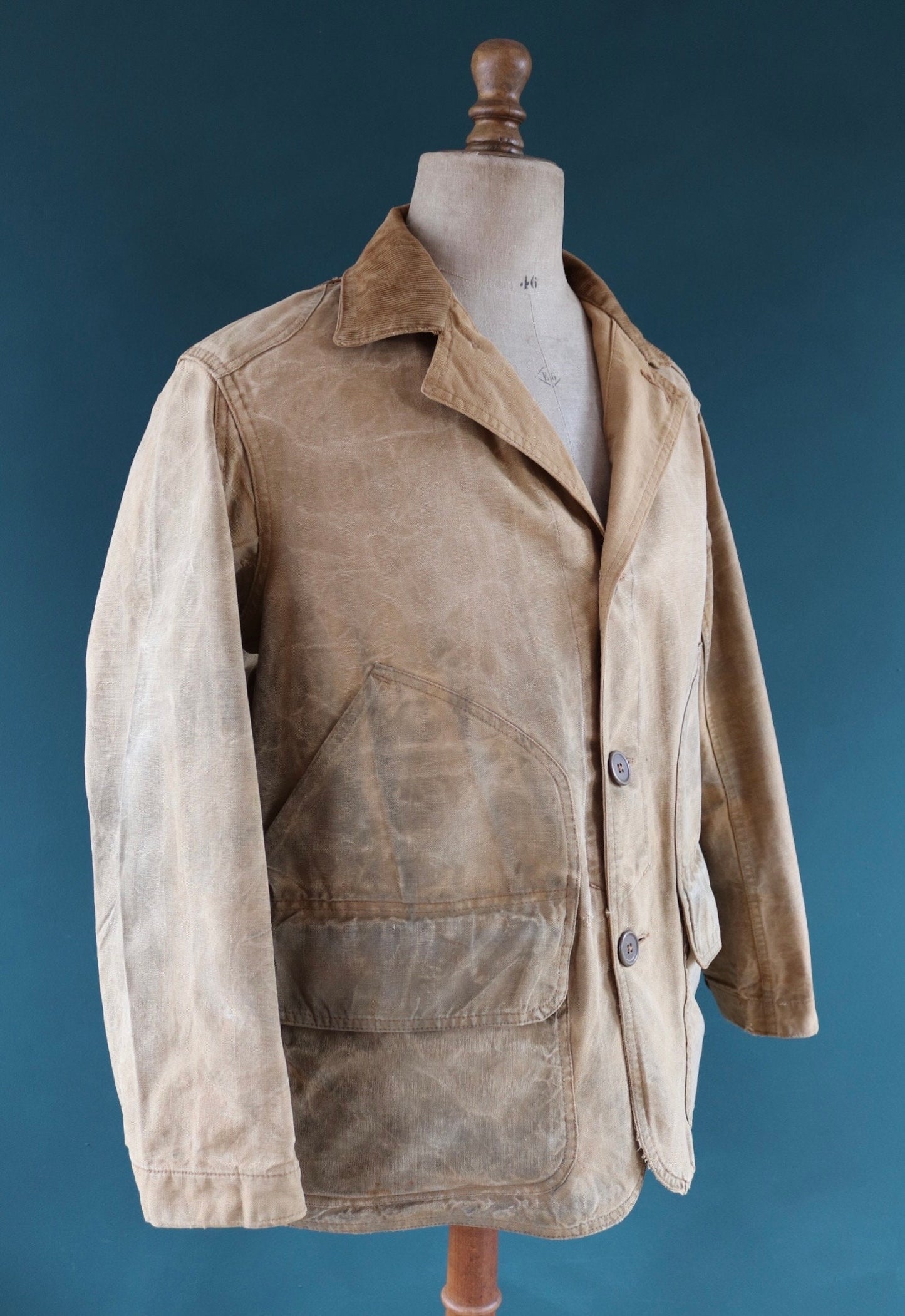 Vintage 1920s 20s tin cloth duck cotton canvas hunting shooting jacket 48” chest Hettrick American workwear work chore