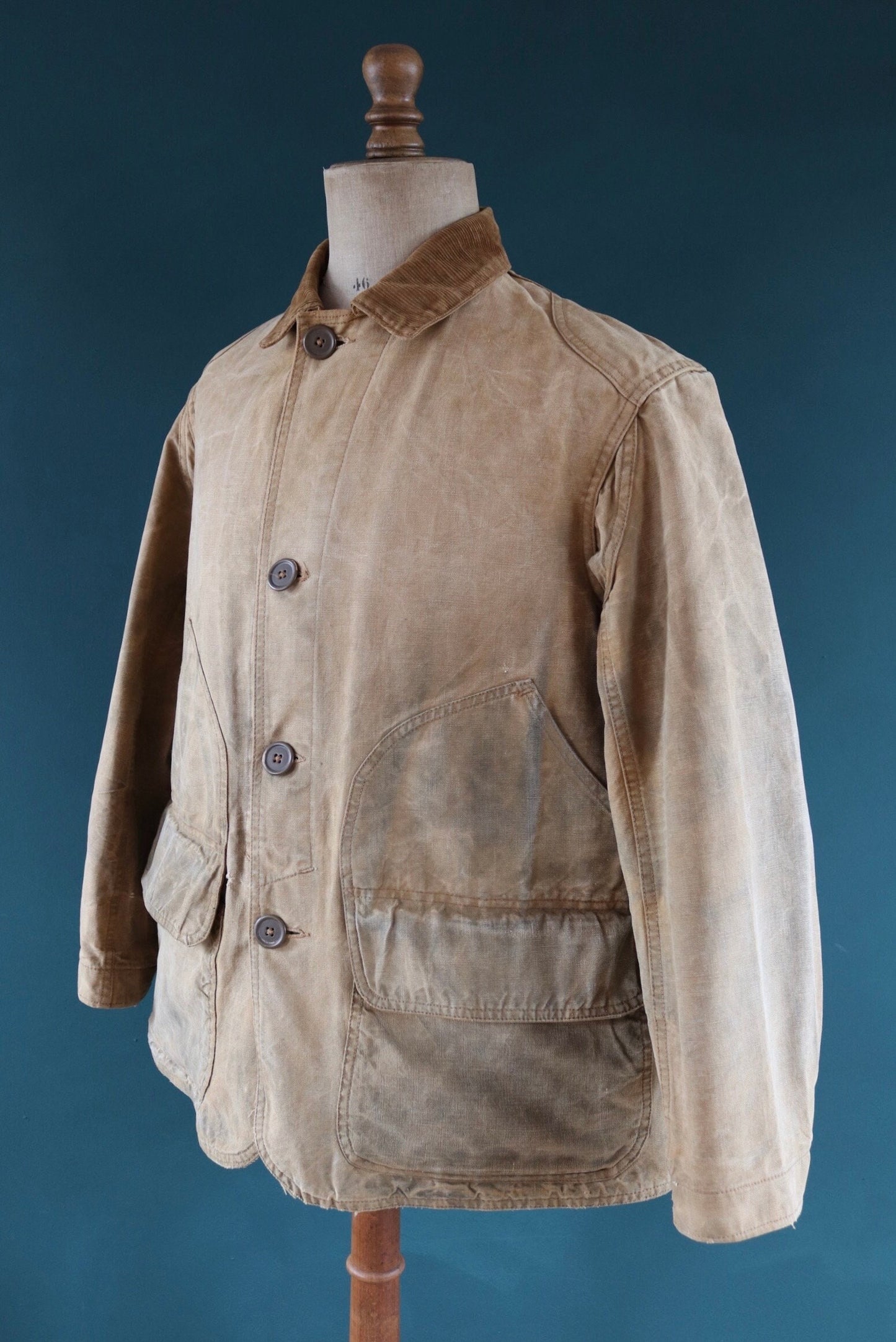 Vintage 1920s 20s tin cloth duck cotton canvas hunting shooting jacket 48” chest Hettrick American workwear work chore