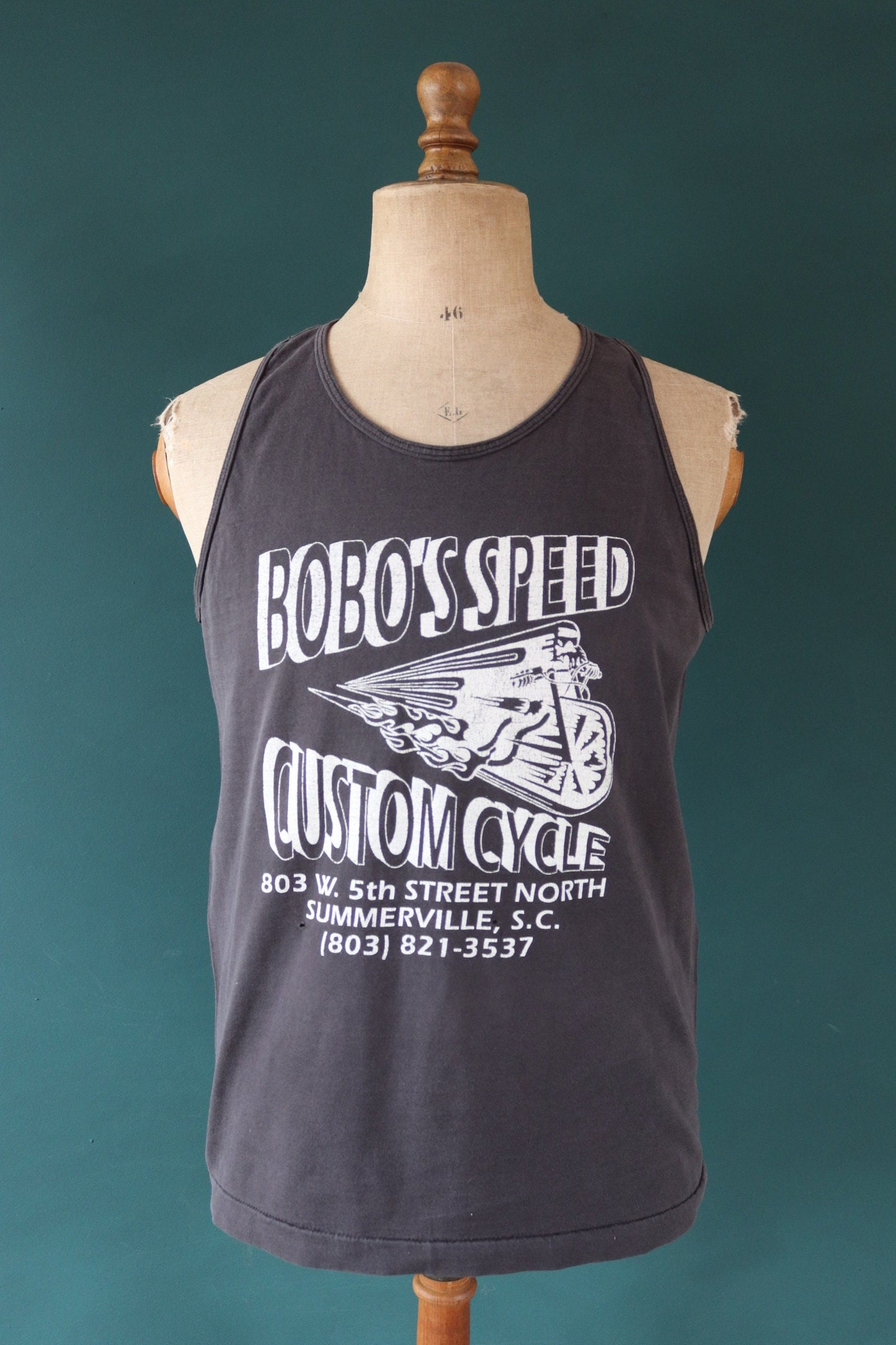 Vintage 1990s t shirt - faded black biker vest - Bobo’s Speed custom motorcycle garage - singlet - 40” chest