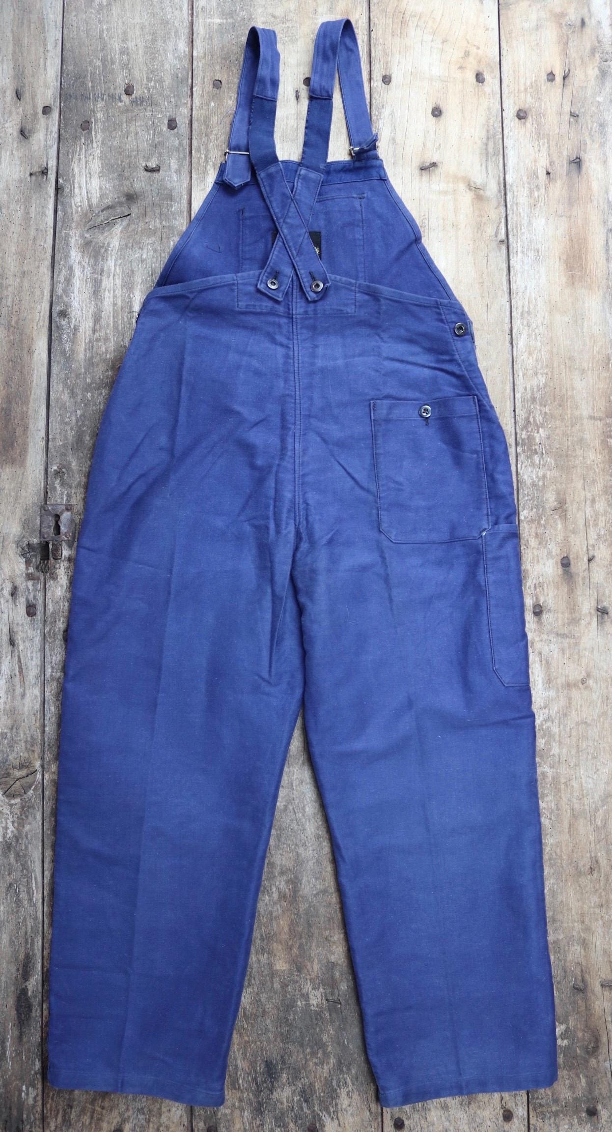 Vintage French workweara overalls dungarees moleskin 1950s 1960s work chore bib brace 34” x 27” bleu de travail