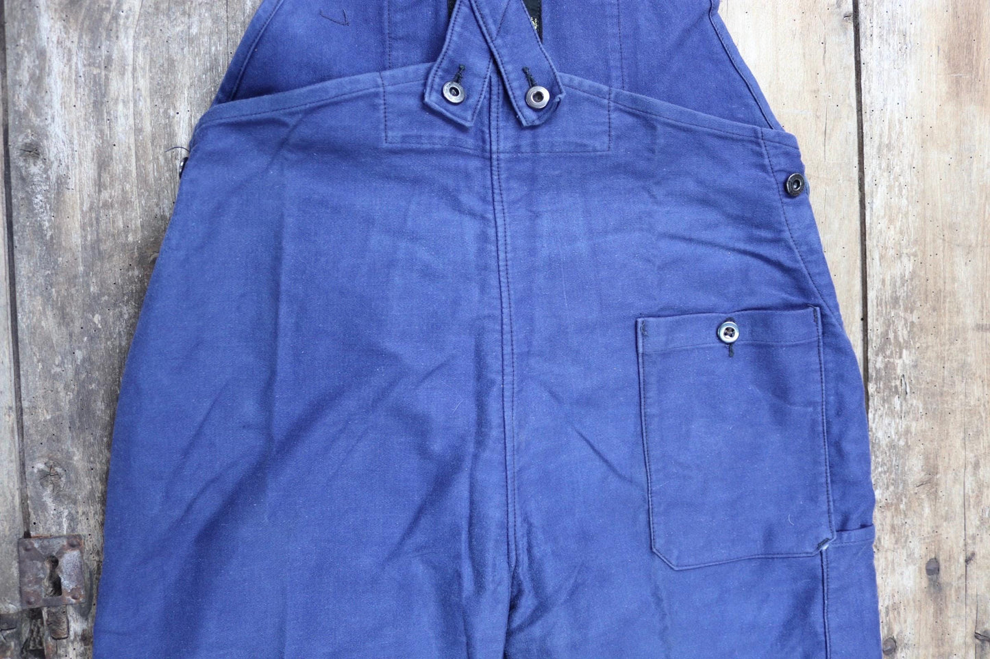 Vintage French workweara overalls dungarees moleskin 1950s 1960s work chore bib brace 34” x 27” bleu de travail