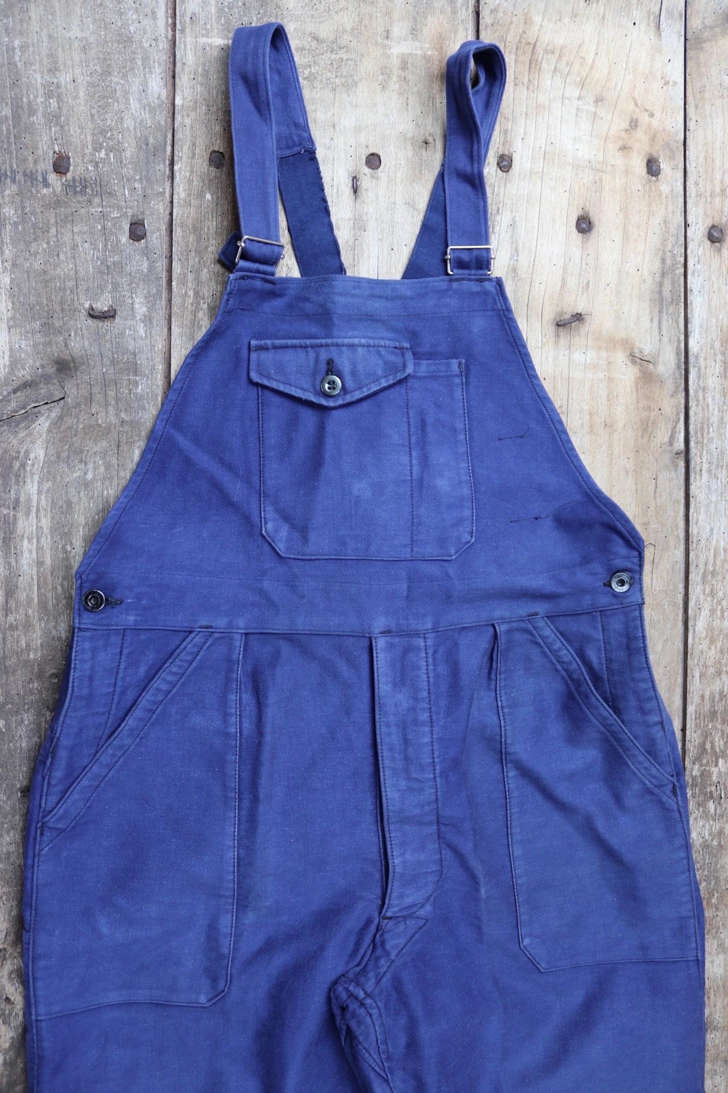 Vintage French workweara overalls dungarees moleskin 1950s 1960s work chore bib brace 34” x 27” bleu de travail