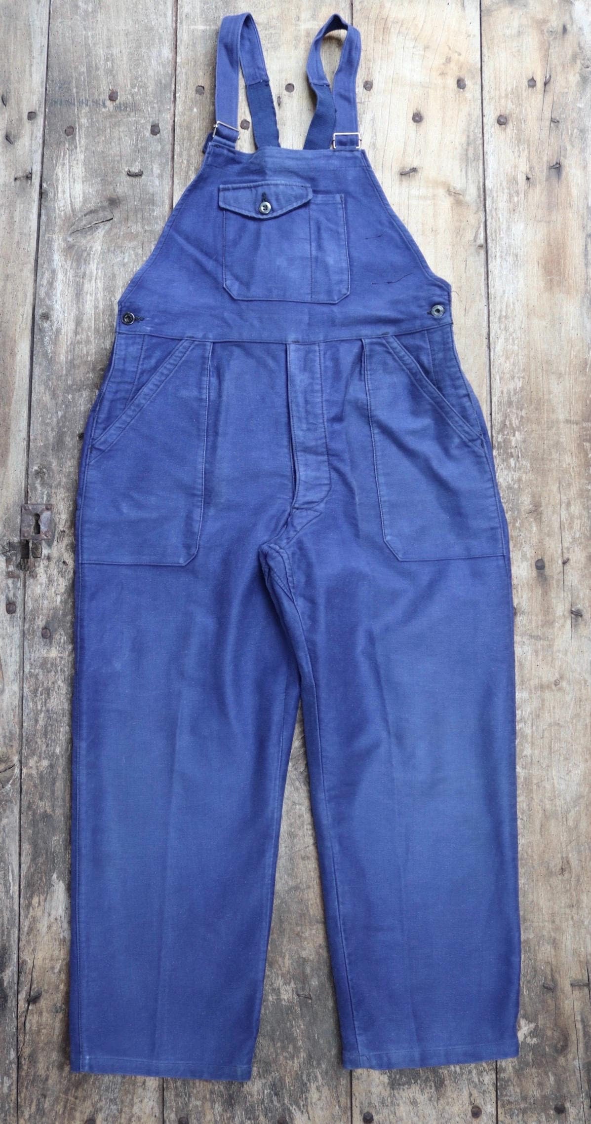 Vintage French workweara overalls dungarees moleskin 1950s 1960s work chore bib brace 34” x 27” bleu de travail