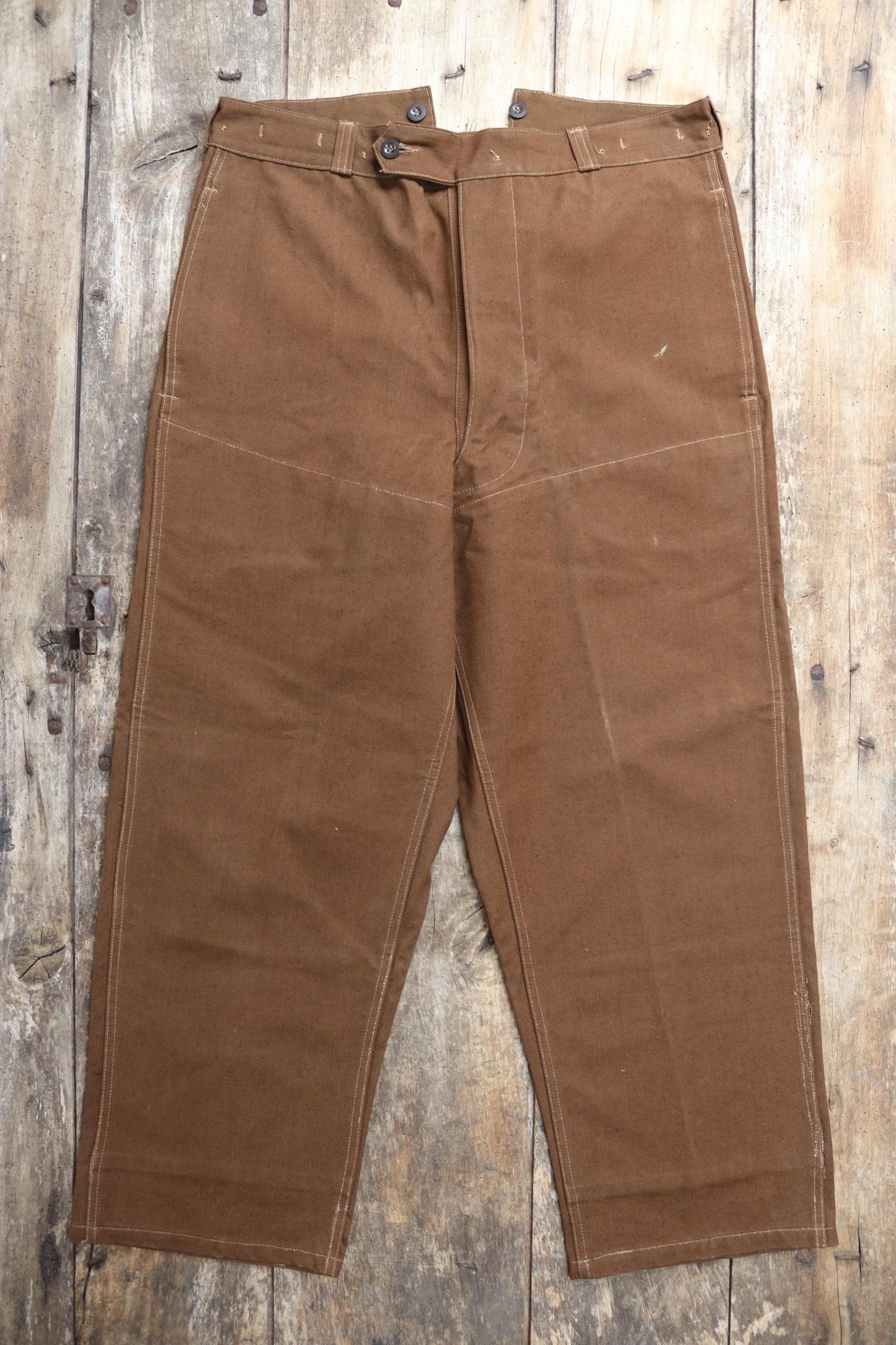 Vintage French workwear trousers pants 1960s 1970s SNCF railway railroad engineer chore 36” x 28” duck cotton canvas buckle back