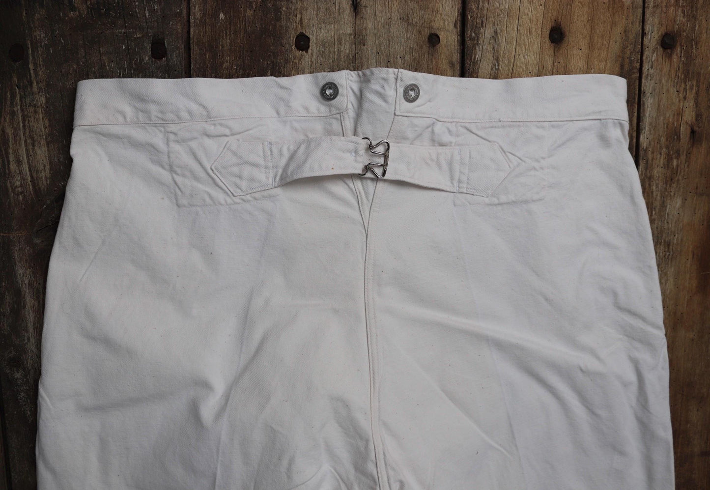 Vintage French buckle back trousers workwear 1940s 1950s deadstock military hospital ecru work chore 41” x 33”