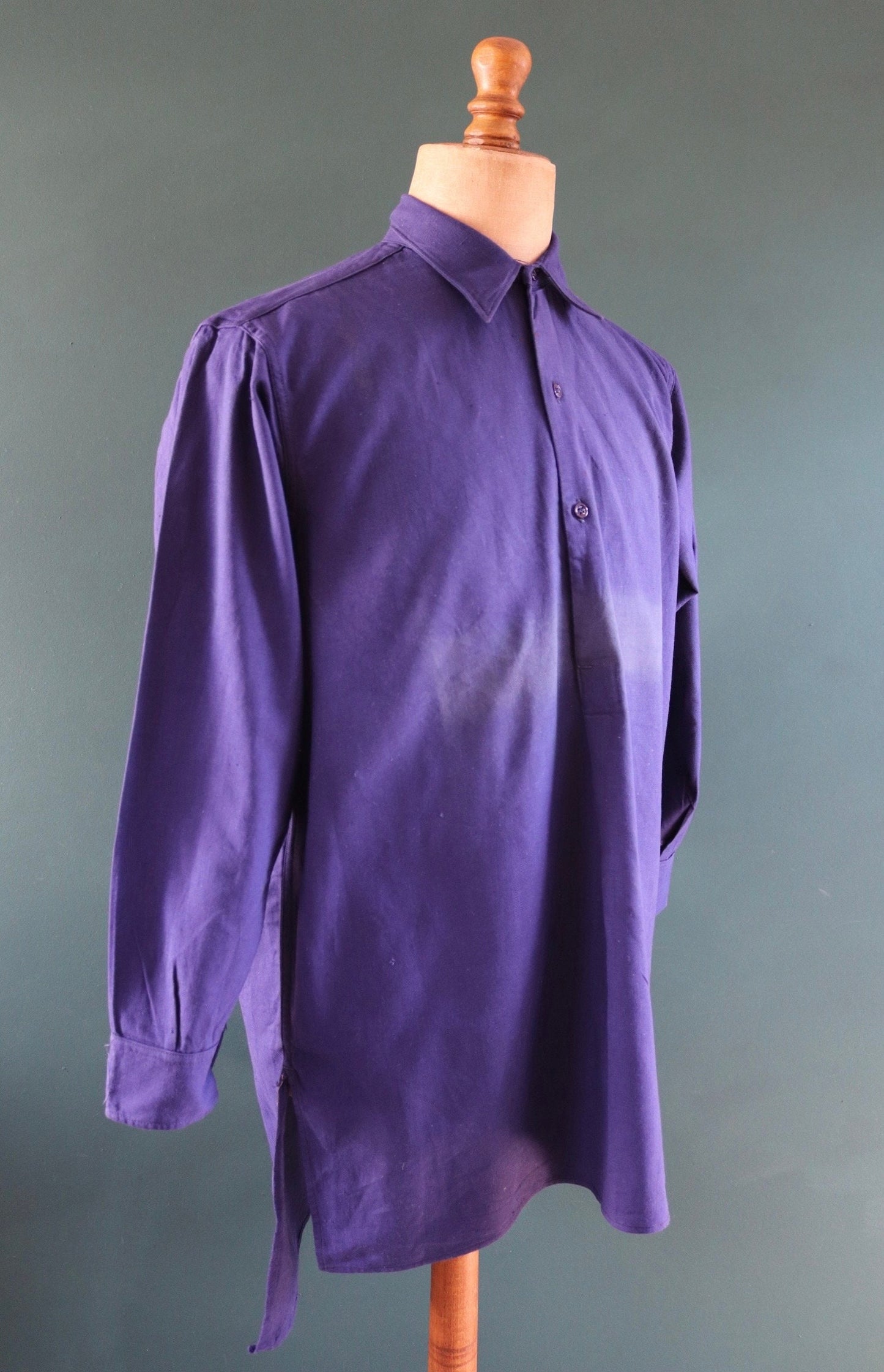 Vintage French workwear shirt 1940s 1950s indigo blue cotton work smock pop over 47” chest faded