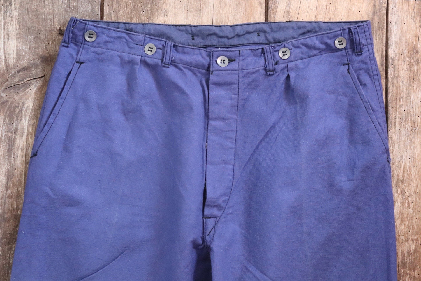 Vintage WW2 workwear trousers pants 1940s Swedish military hospital indigo blue cotton twill work chore 36” x 31” buckle cinch back