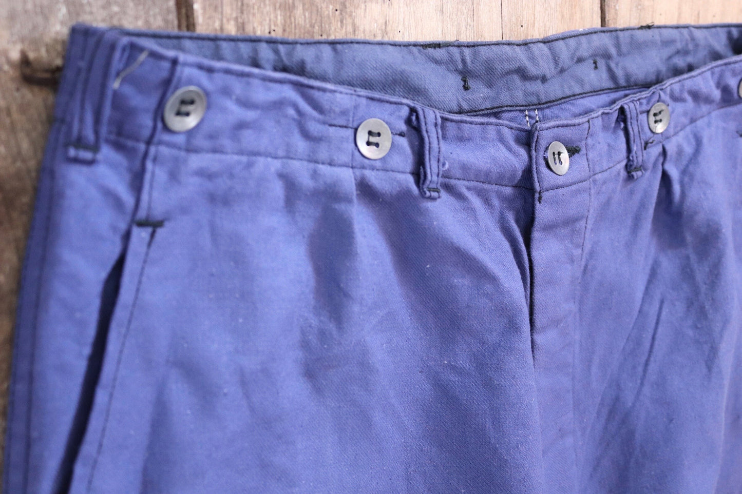 Vintage WW2 workwear trousers pants 1940s Swedish military hospital indigo blue cotton twill work chore 36” x 31” buckle cinch back