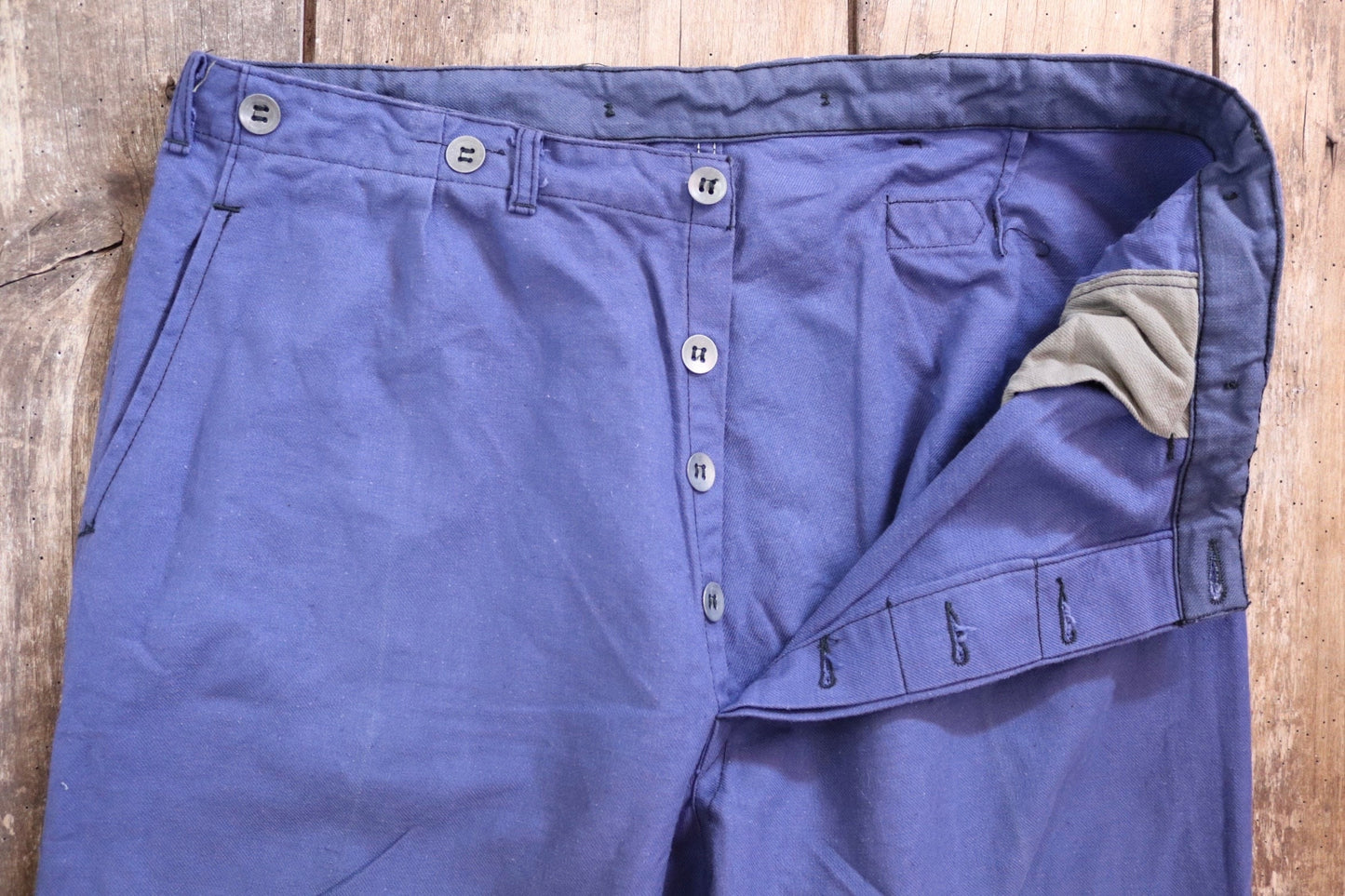 Vintage WW2 workwear trousers pants 1940s Swedish military hospital indigo blue cotton twill work chore 36” x 31” buckle cinch back