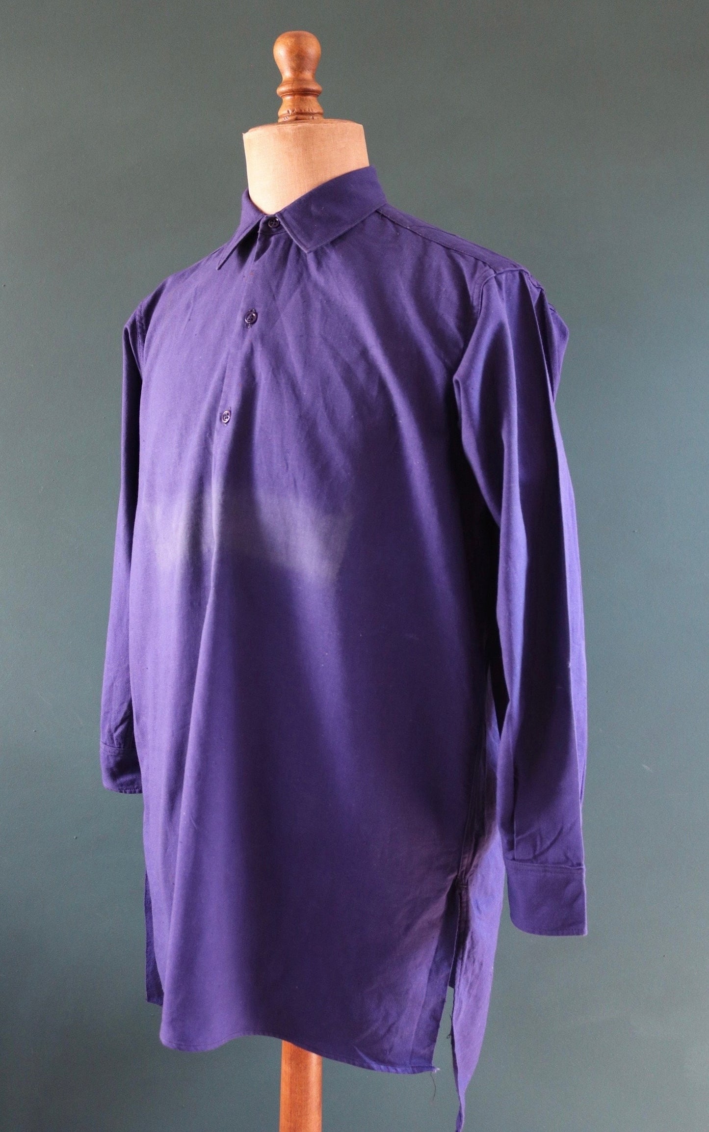 Vintage French workwear shirt 1940s 1950s indigo blue cotton work smock pop over 47” chest faded