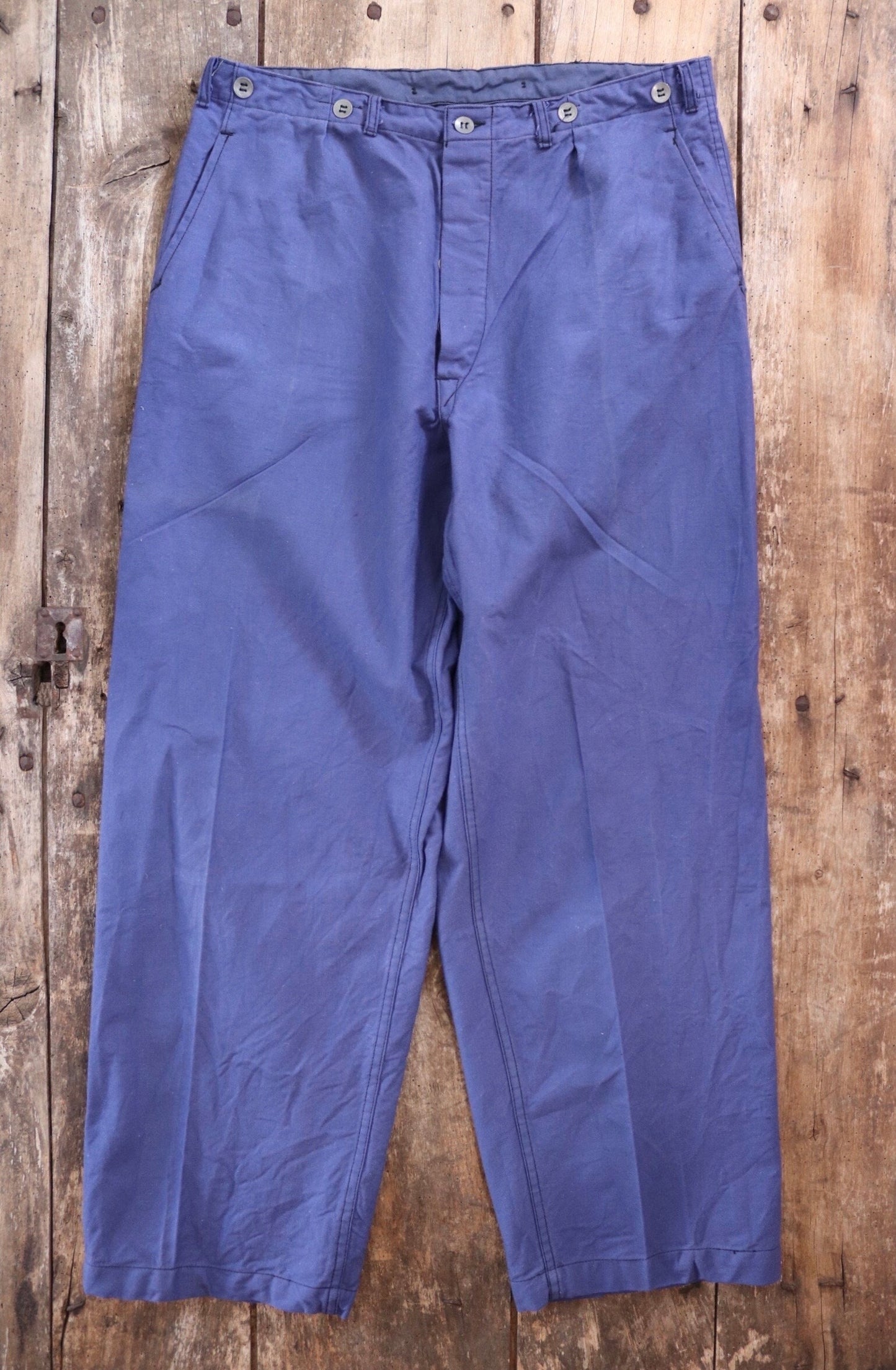 Vintage WW2 workwear trousers pants 1940s Swedish military hospital indigo blue cotton twill work chore 36” x 31” buckle cinch back