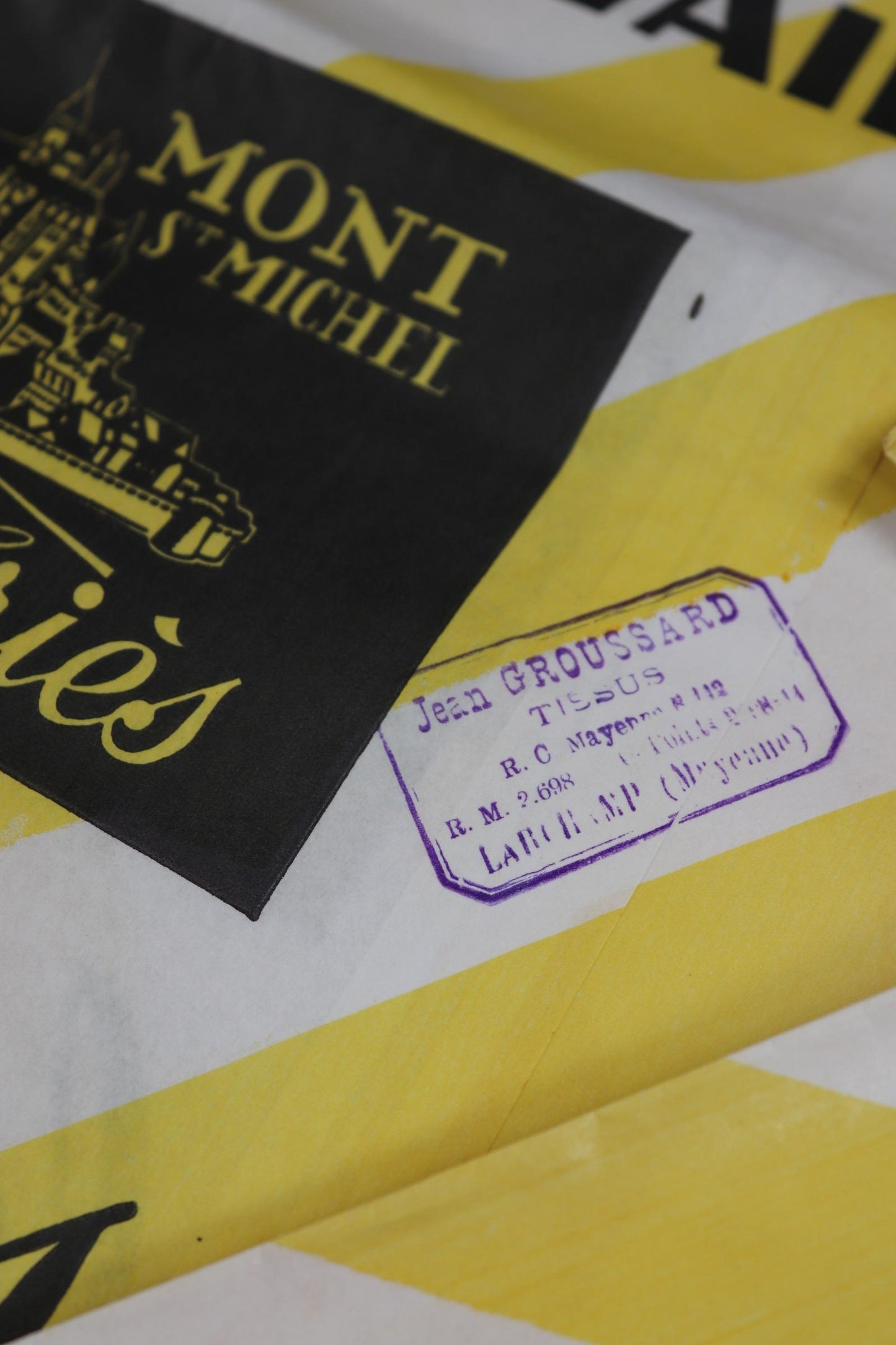 Vintage 1950s French paper print art Le Mont St Michel yellow white striped bag advertising stamped workwear work chore display collectible