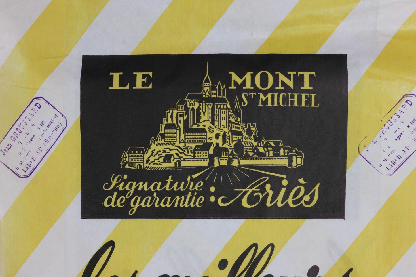 Vintage 1950s French paper print art Le Mont St Michel yellow white striped bag advertising stamped workwear work chore display collectible