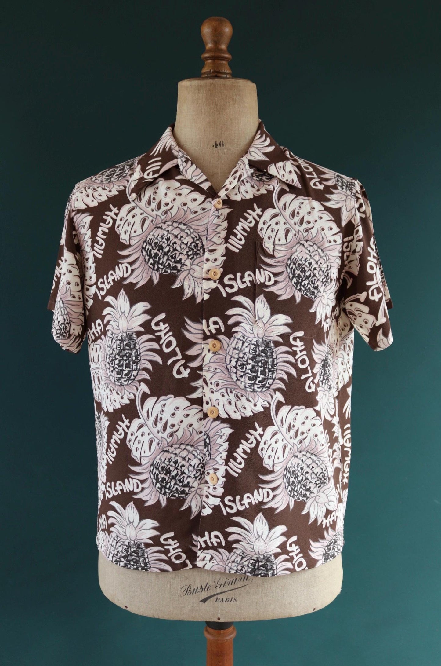 Vintage Edwin rayon Hawaiian shirt - reproduction - brown pink - pineapple print - tiki Aloha - 42” chest