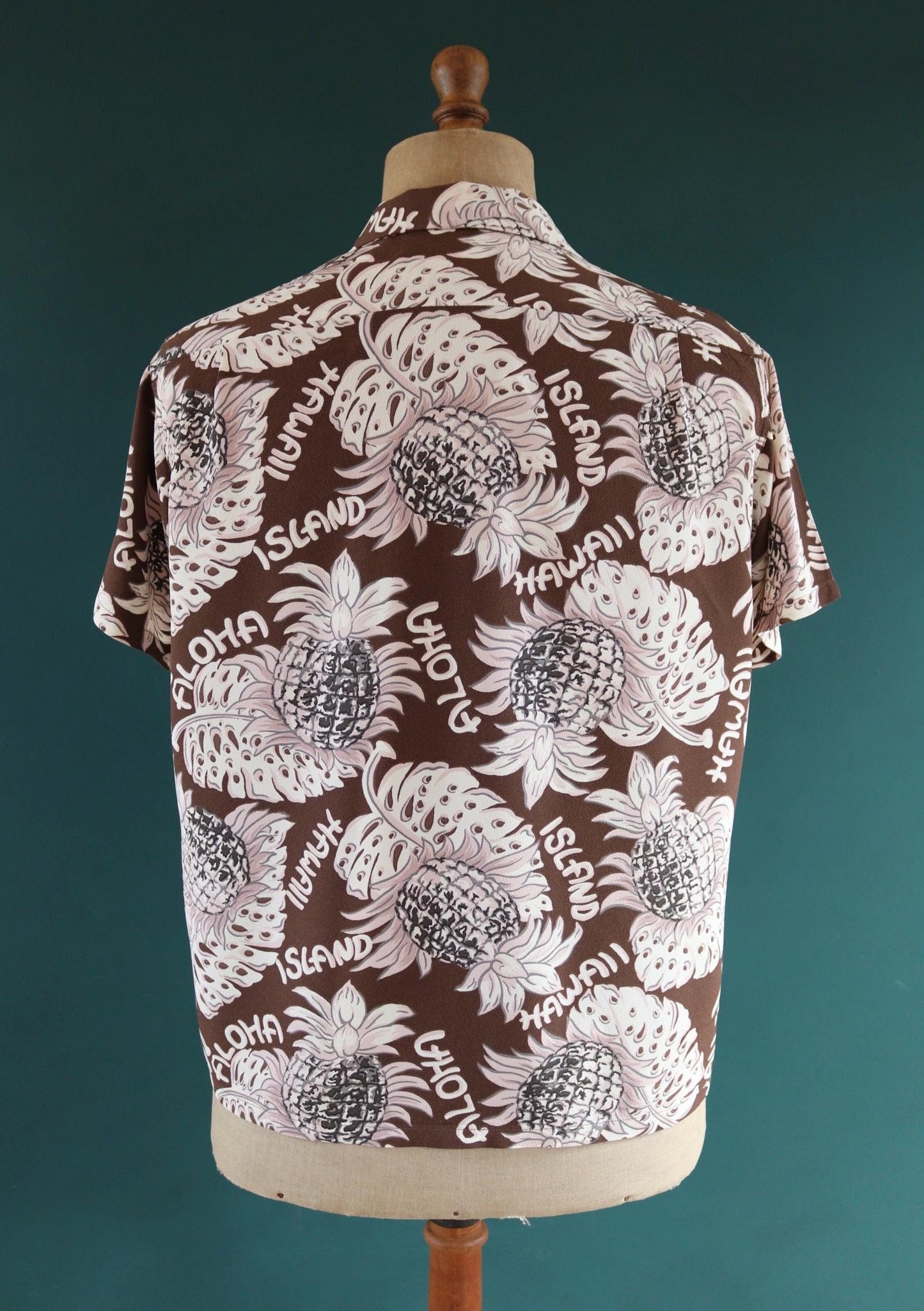 Vintage Edwin rayon Hawaiian shirt - reproduction - brown pink - pineapple print - tiki Aloha - 42” chest