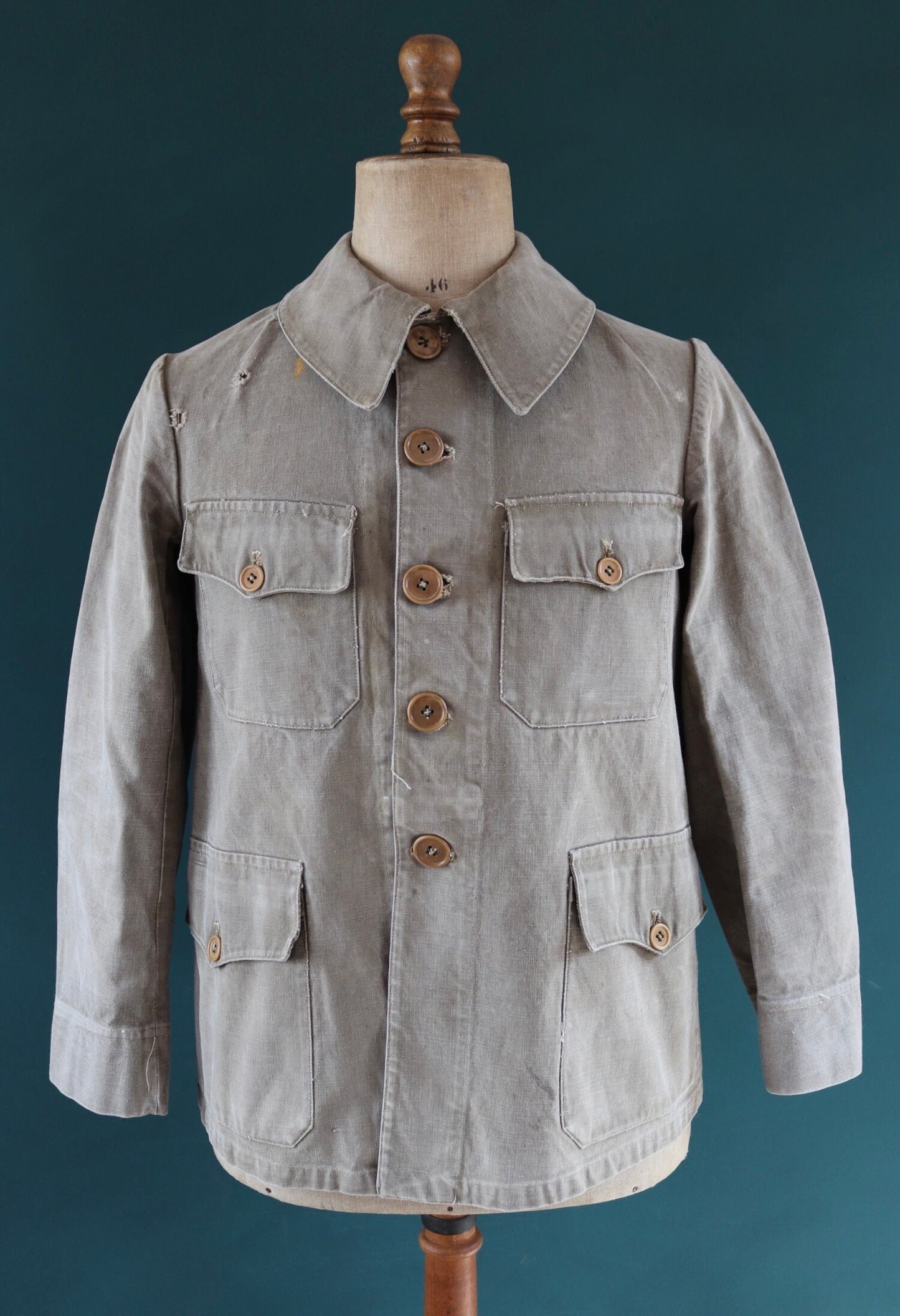 Vintage French workwear jacket 1940s brown thick cotton canvas work chore 38” chest walrus collar