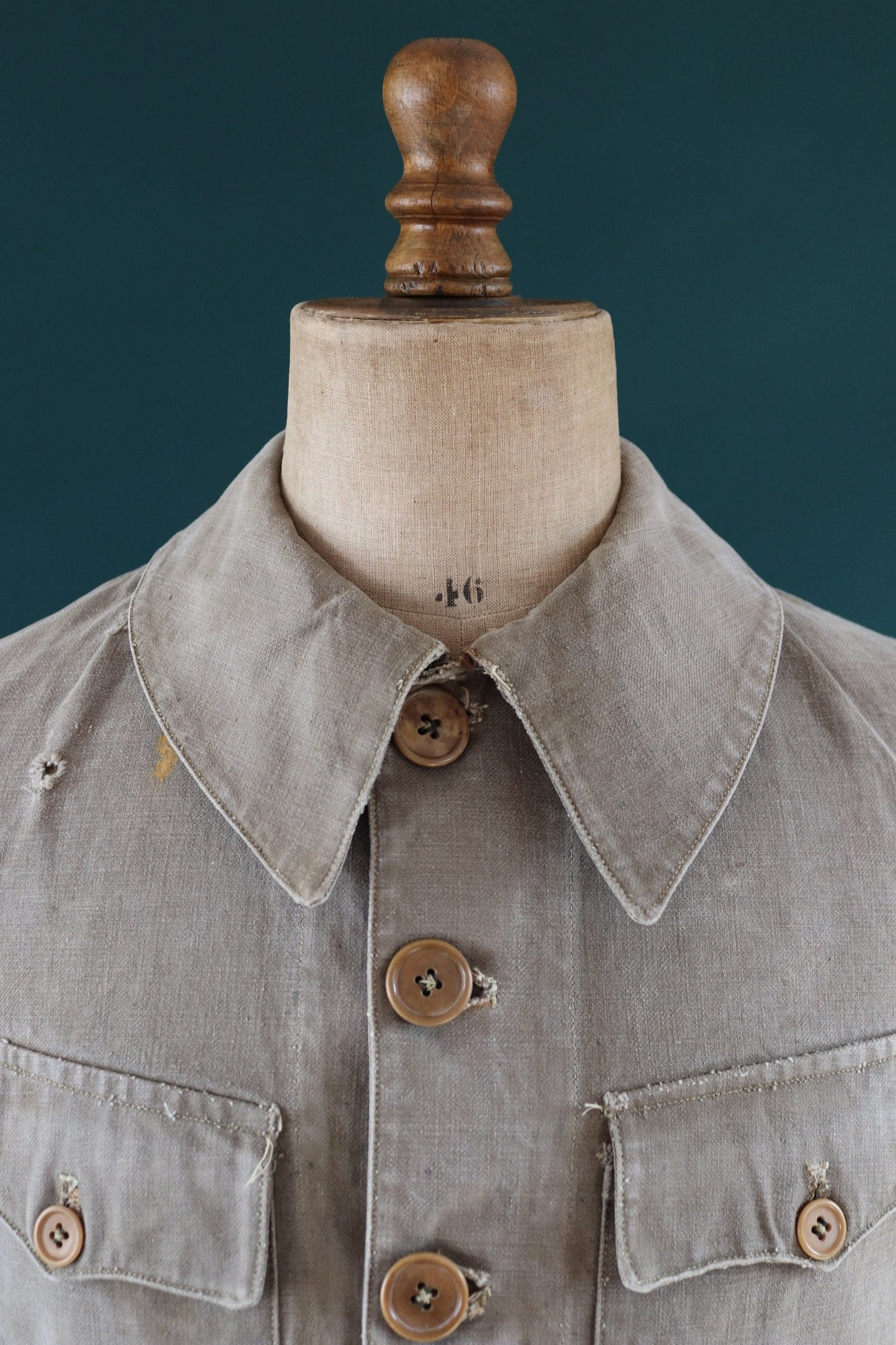 Vintage French workwear jacket 1940s brown thick cotton canvas work chore 38” chest walrus collar