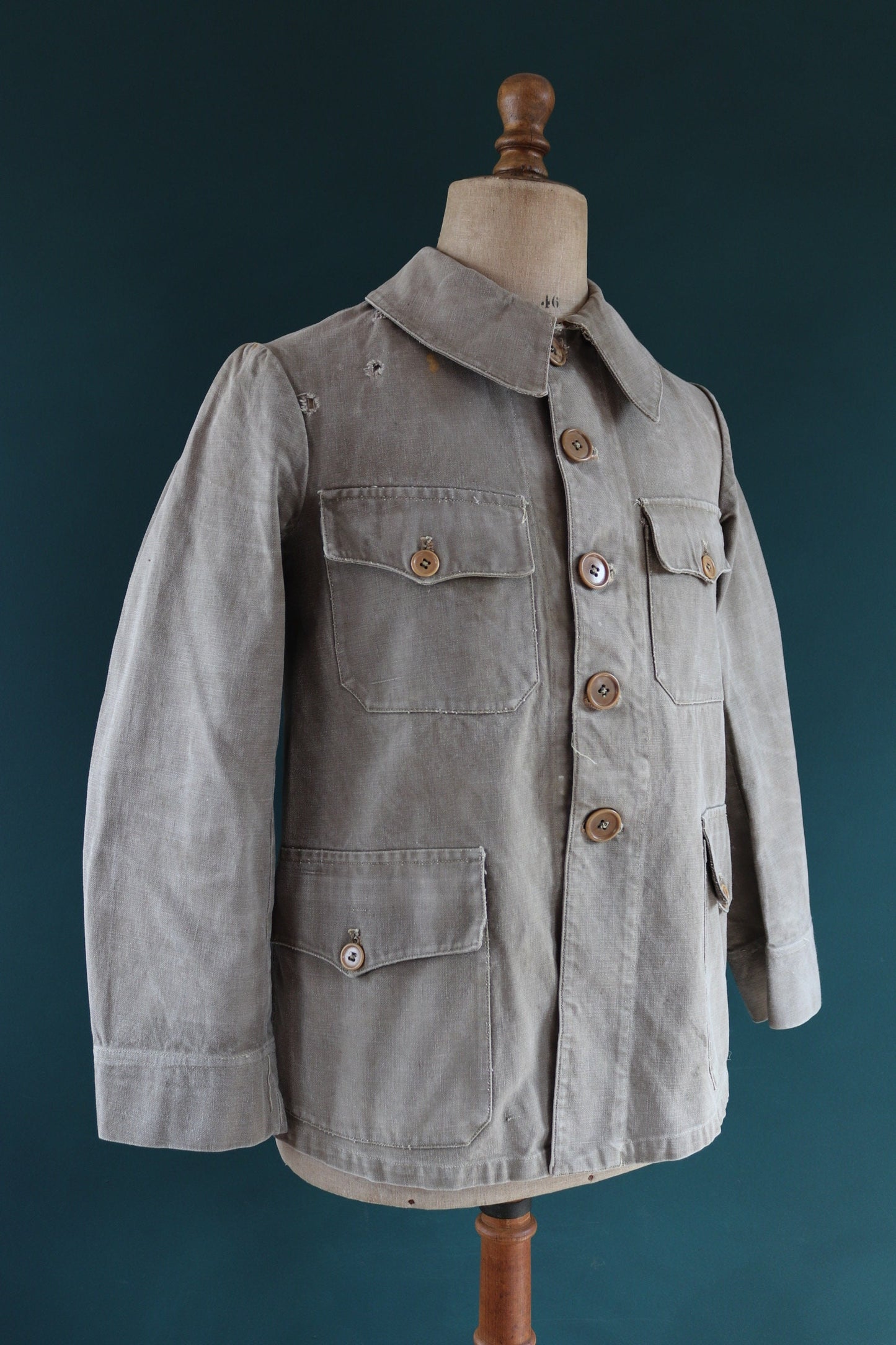 Vintage French workwear jacket 1940s brown thick cotton canvas work chore 38” chest walrus collar