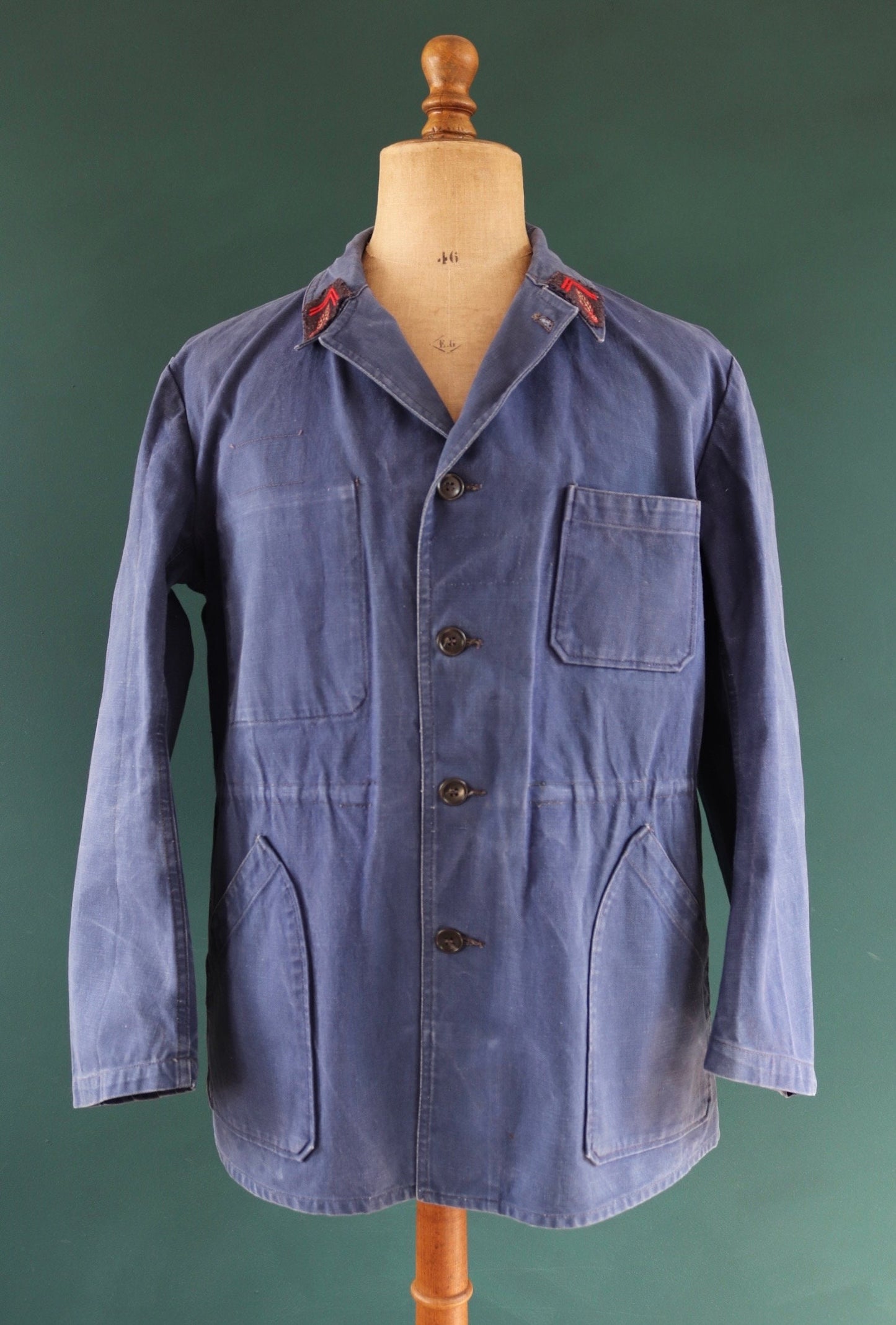 Vintage French blue workwear jacket 1960s pompier fireman cotton twill work chore faded 46” chest bleu de travail