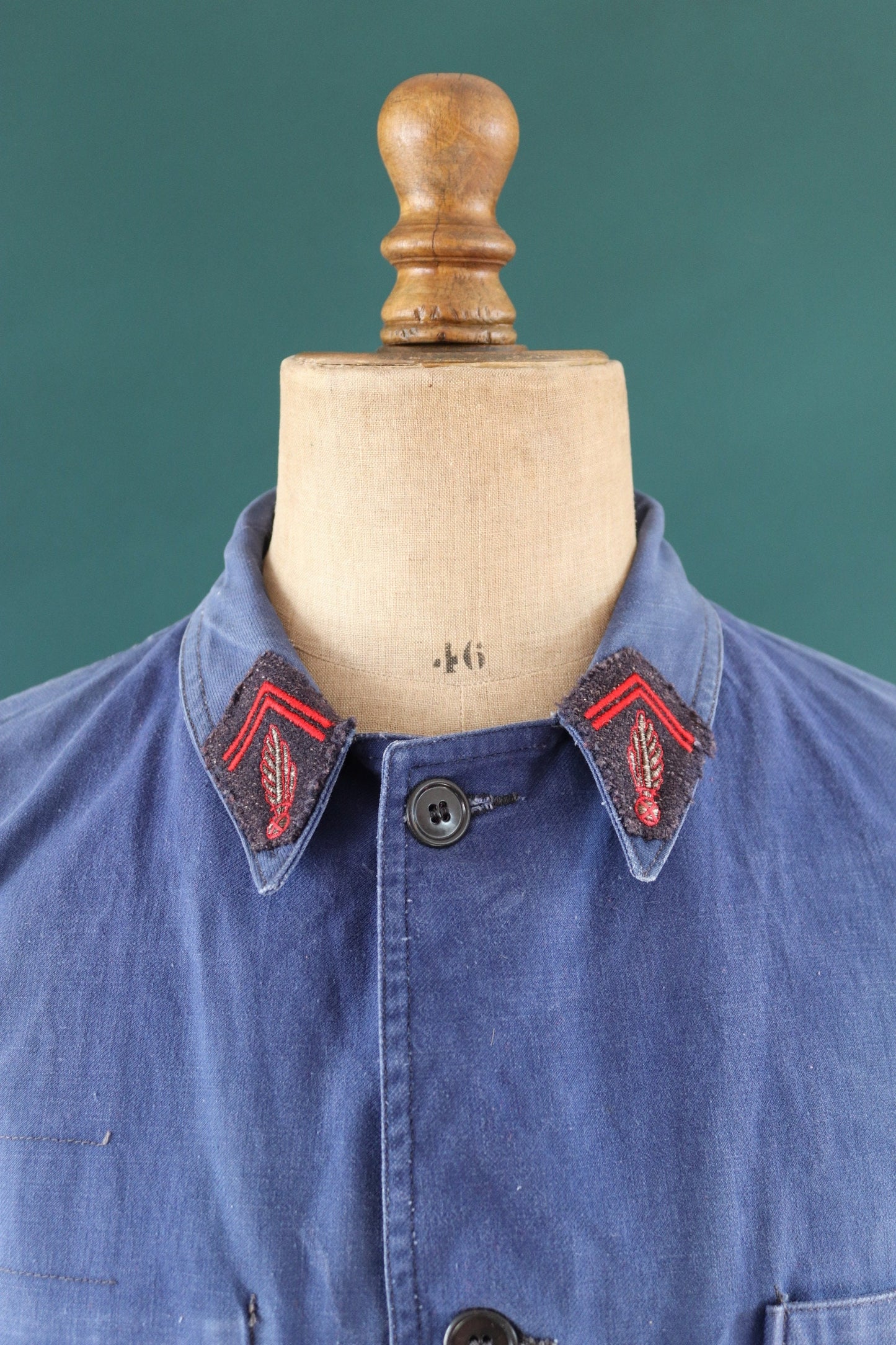 Vintage French blue workwear jacket 1960s pompier fireman cotton twill work chore faded 46” chest bleu de travail