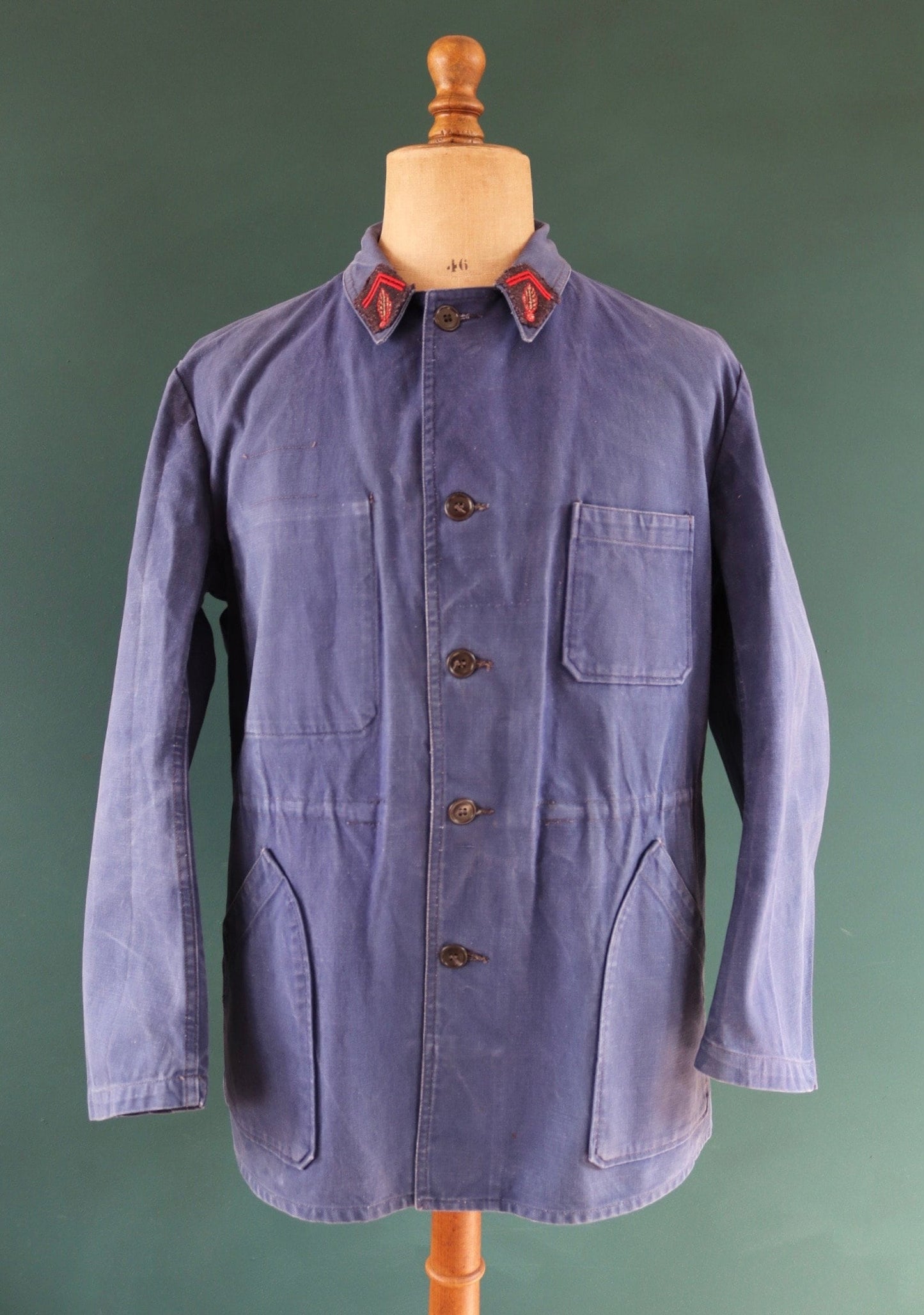 Vintage French blue workwear jacket 1960s pompier fireman cotton twill work chore faded 46” chest bleu de travail