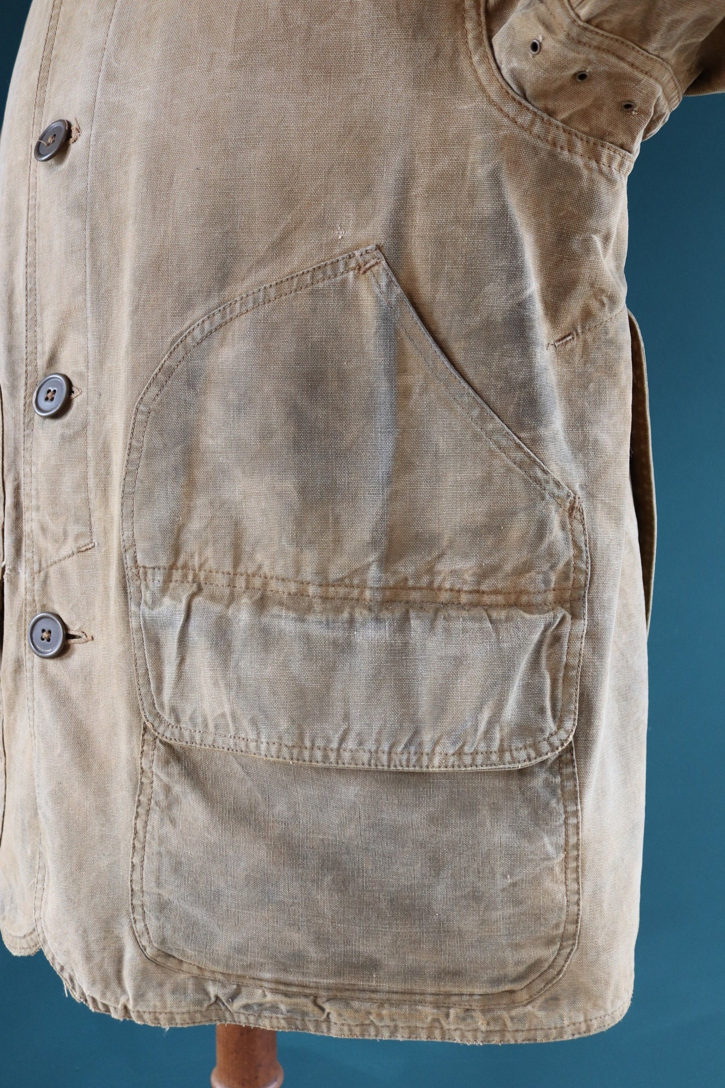 Vintage 1920s 20s tin cloth duck cotton canvas hunting shooting jacket 48” chest Hettrick American workwear work chore