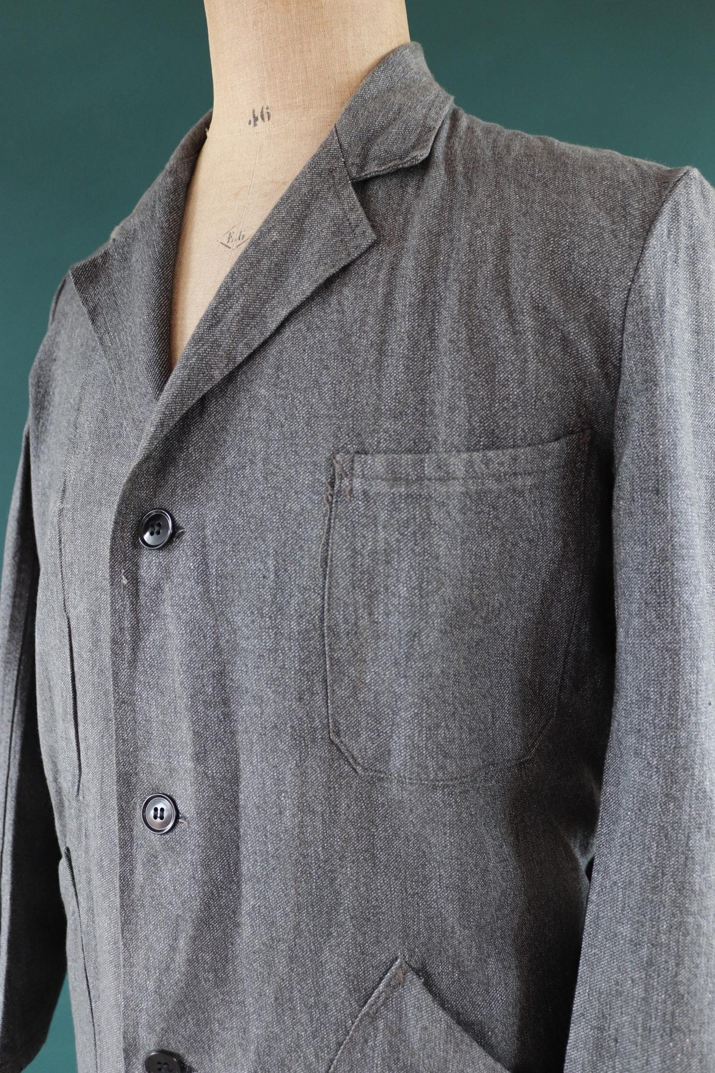Vintage French workwear jacket salt pepper grey long coat overall 1950s 1960s factory machinist 44” chest selvedge