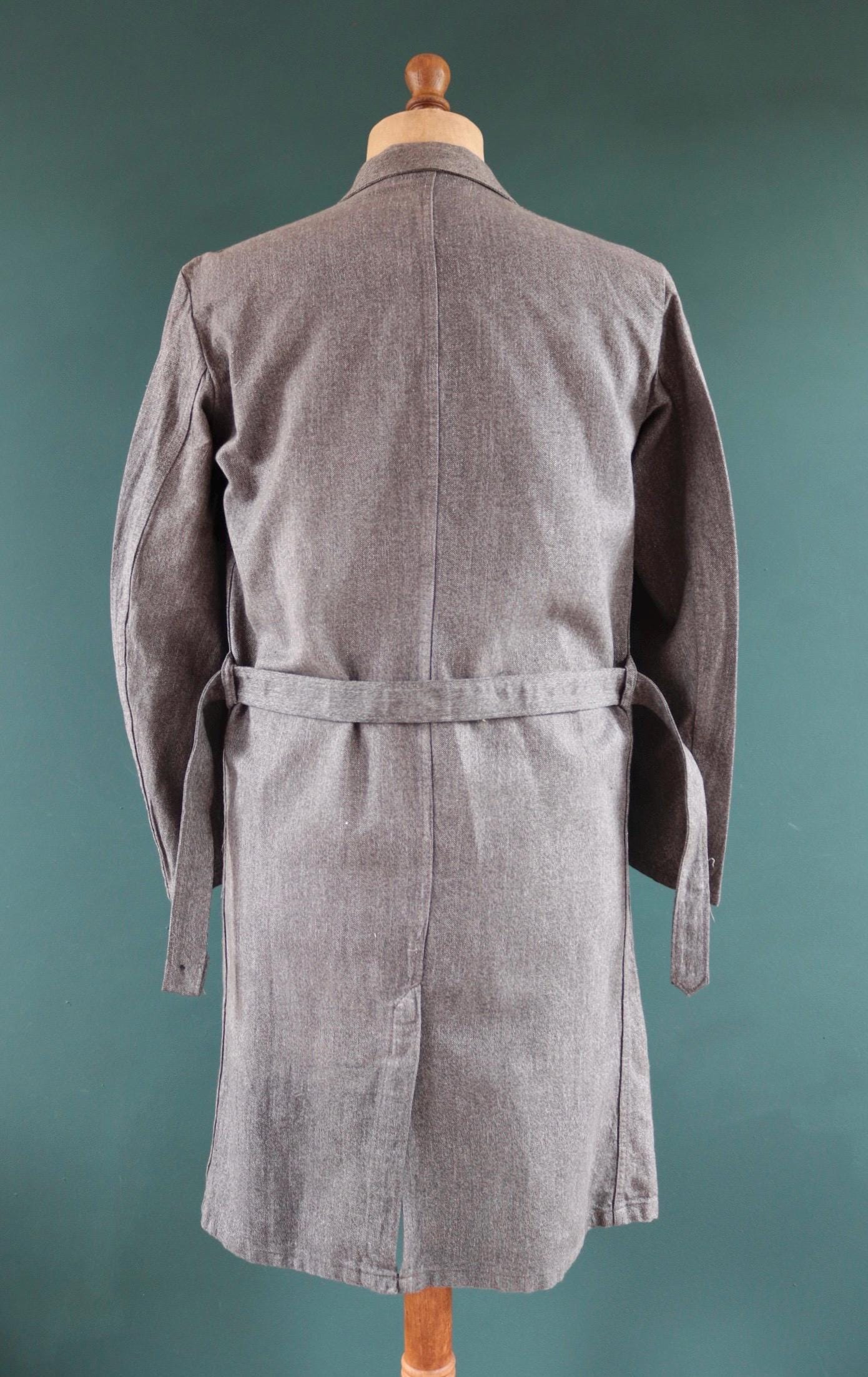 Vintage French workwear jacket salt pepper grey long coat overall 1950s 1960s factory machinist 44” chest selvedge