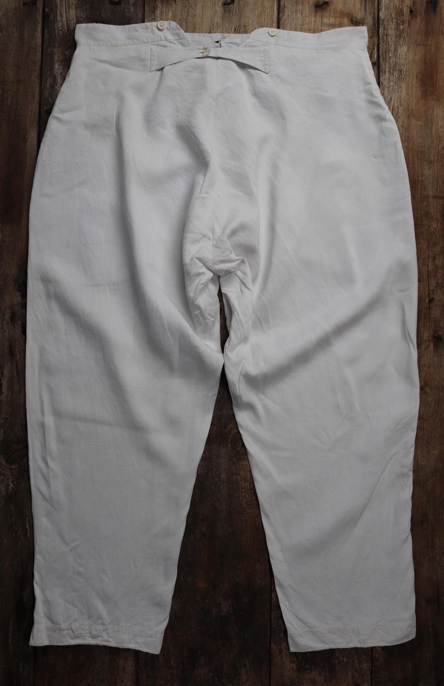 Vintage 1910s 1920s French trousers pants white cotton 41” x 31” riviera beach fishtail v notch cinch back balloon leg bone buttons