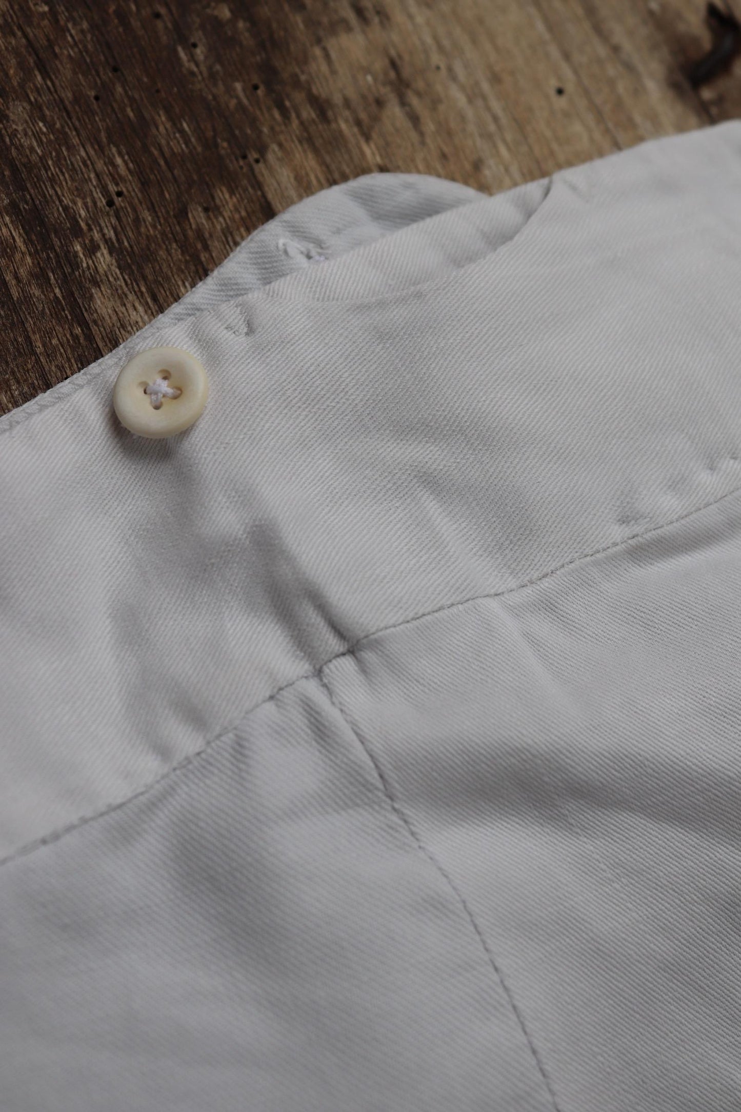Vintage 1910s 1920s French trousers pants white cotton 41” x 31” riviera beach fishtail v notch cinch back balloon leg bone buttons