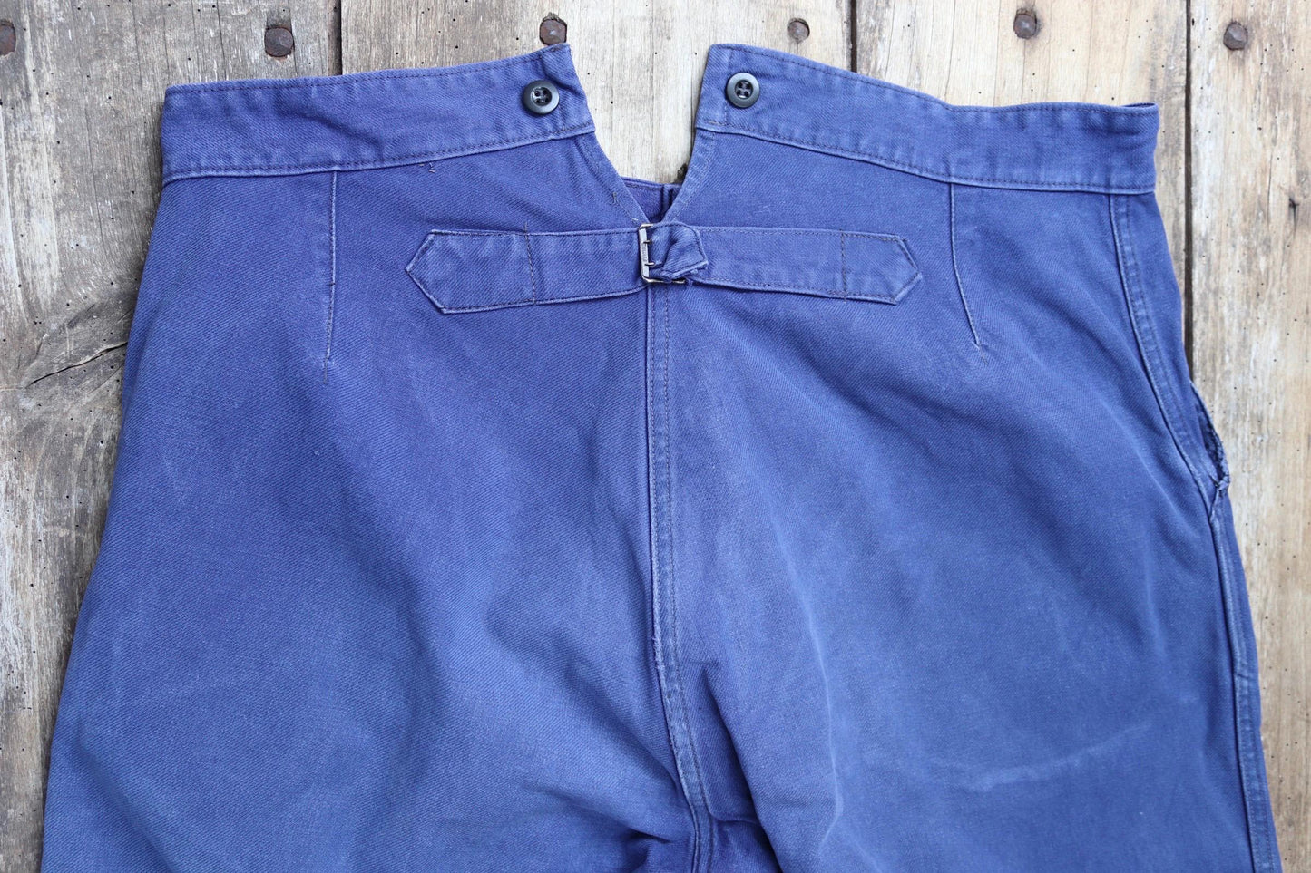 Vintage French workwear trousers pants 1940s 1950s indigo cotton twill work chore 38” x 29” buckle back fishtail